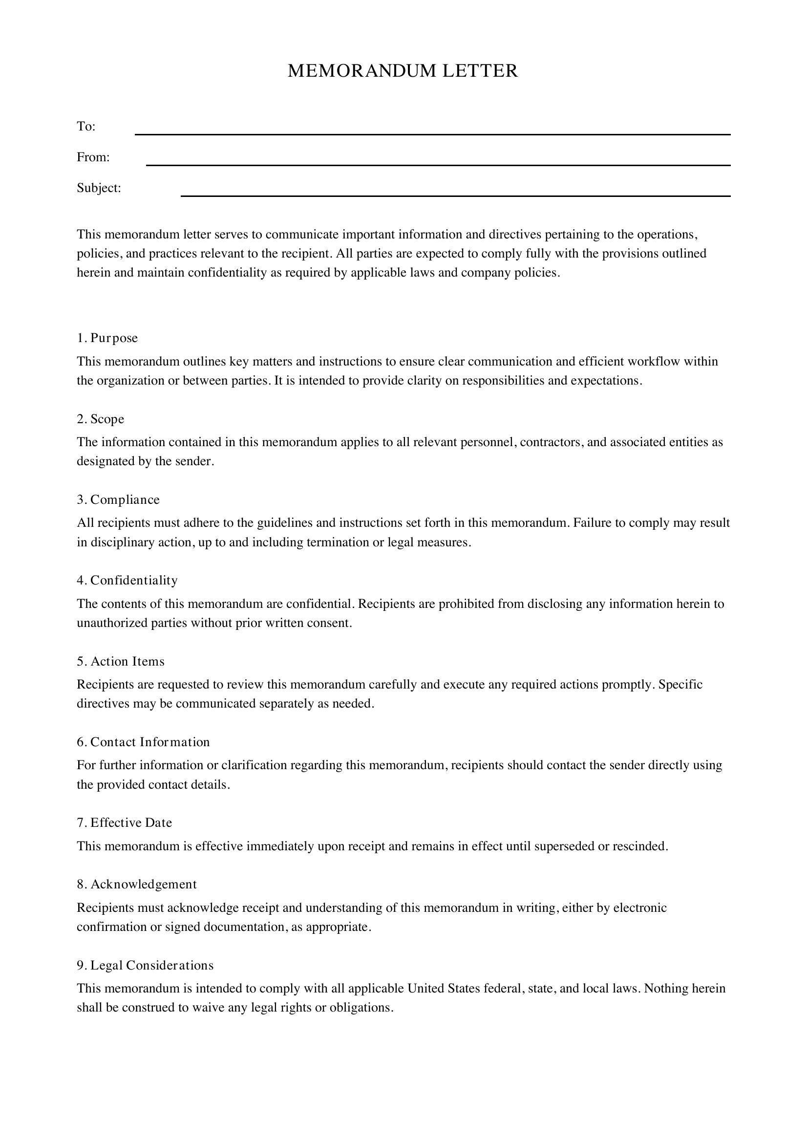 Memo Letter Template - US