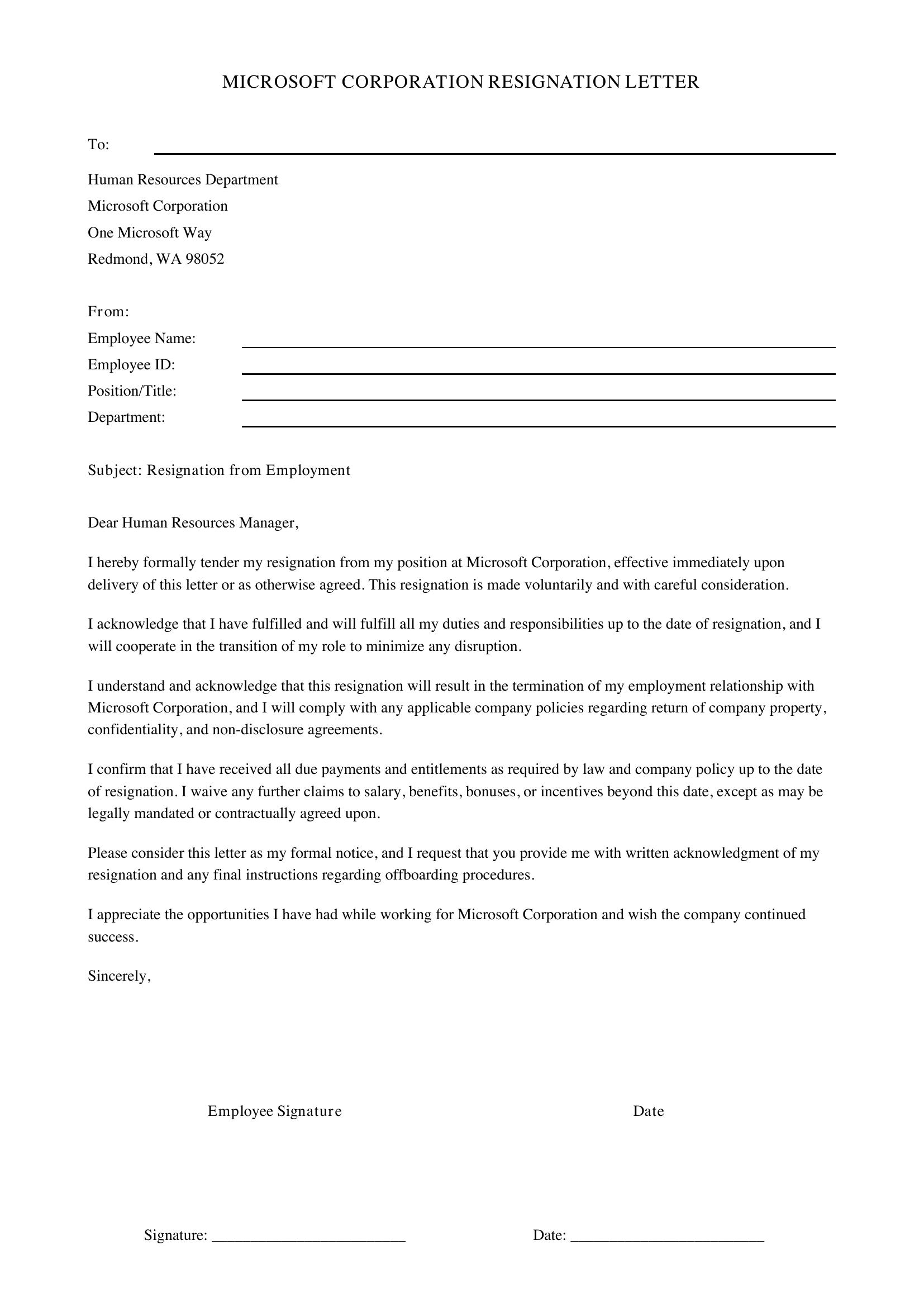 Microsoft Resignation Letter Template - US