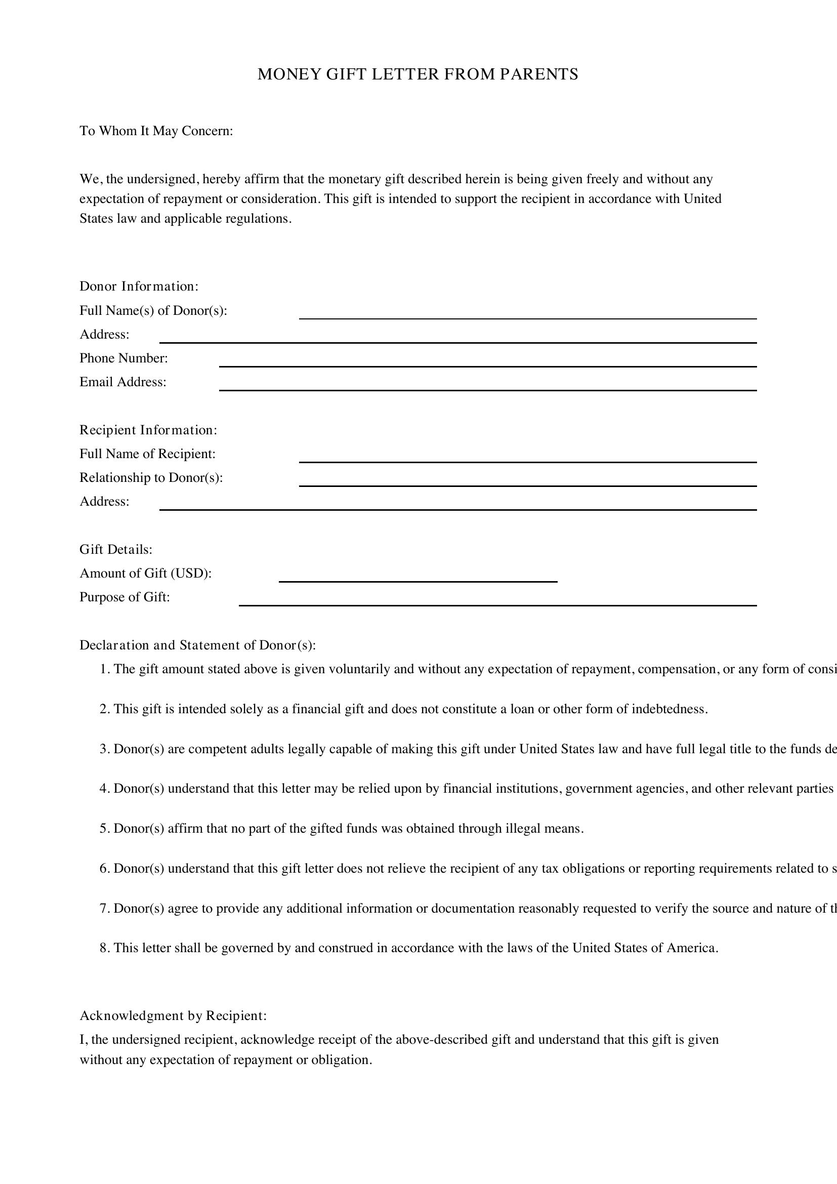 Money Gift Letter From Parents Template - US