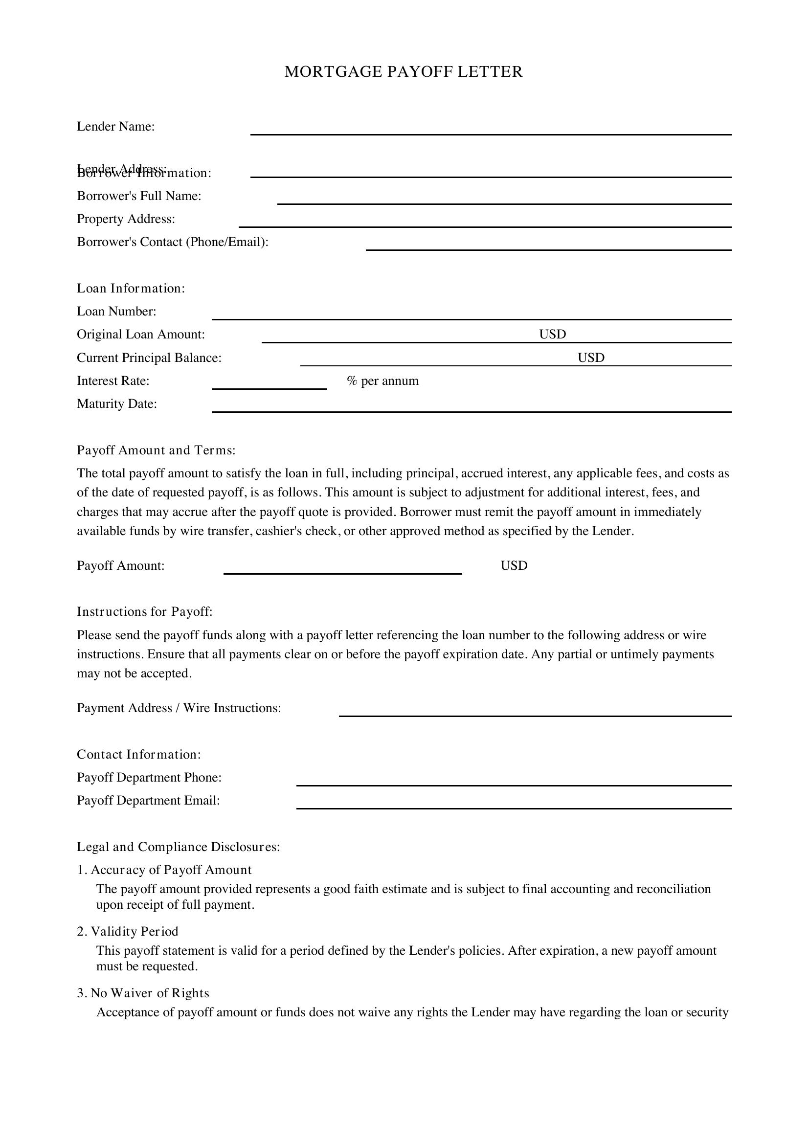 Mortgage Payoff Letter Template - US
