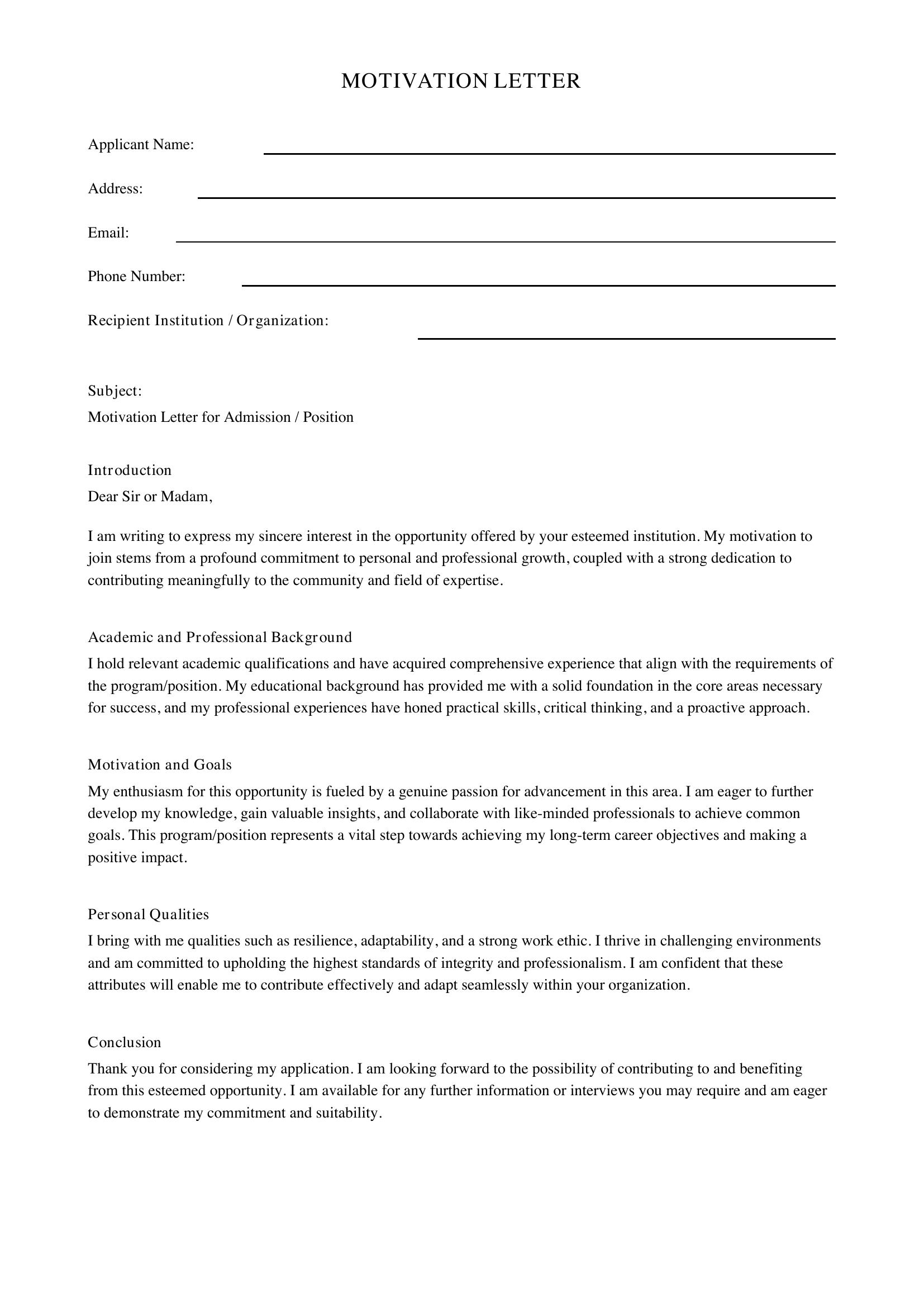 Motivation Letter Template - US