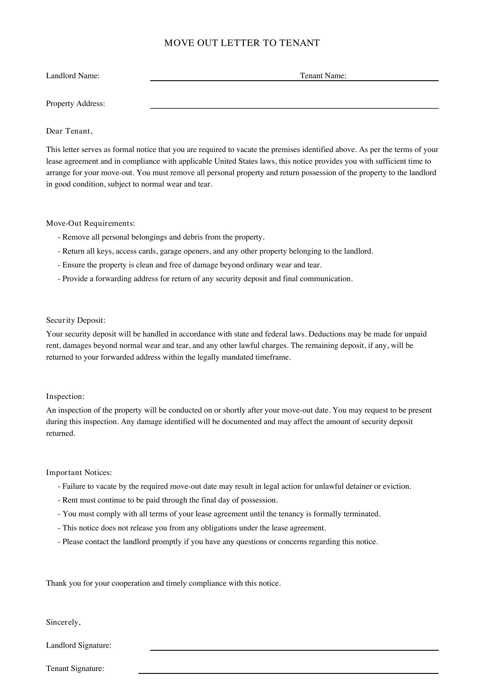 Move Out Letter To Tenant Template - US