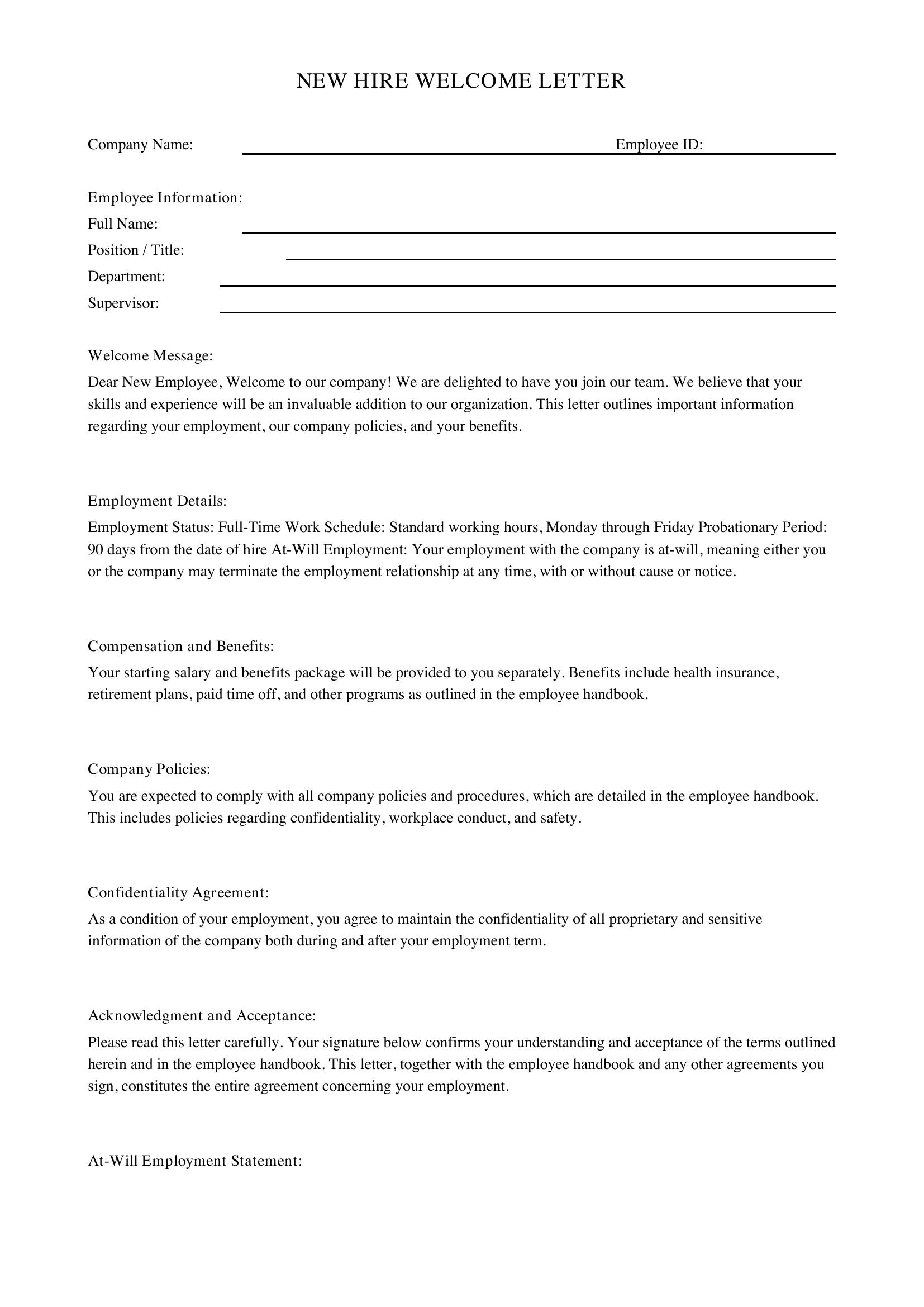 New Hire Welcome Letter Template - US