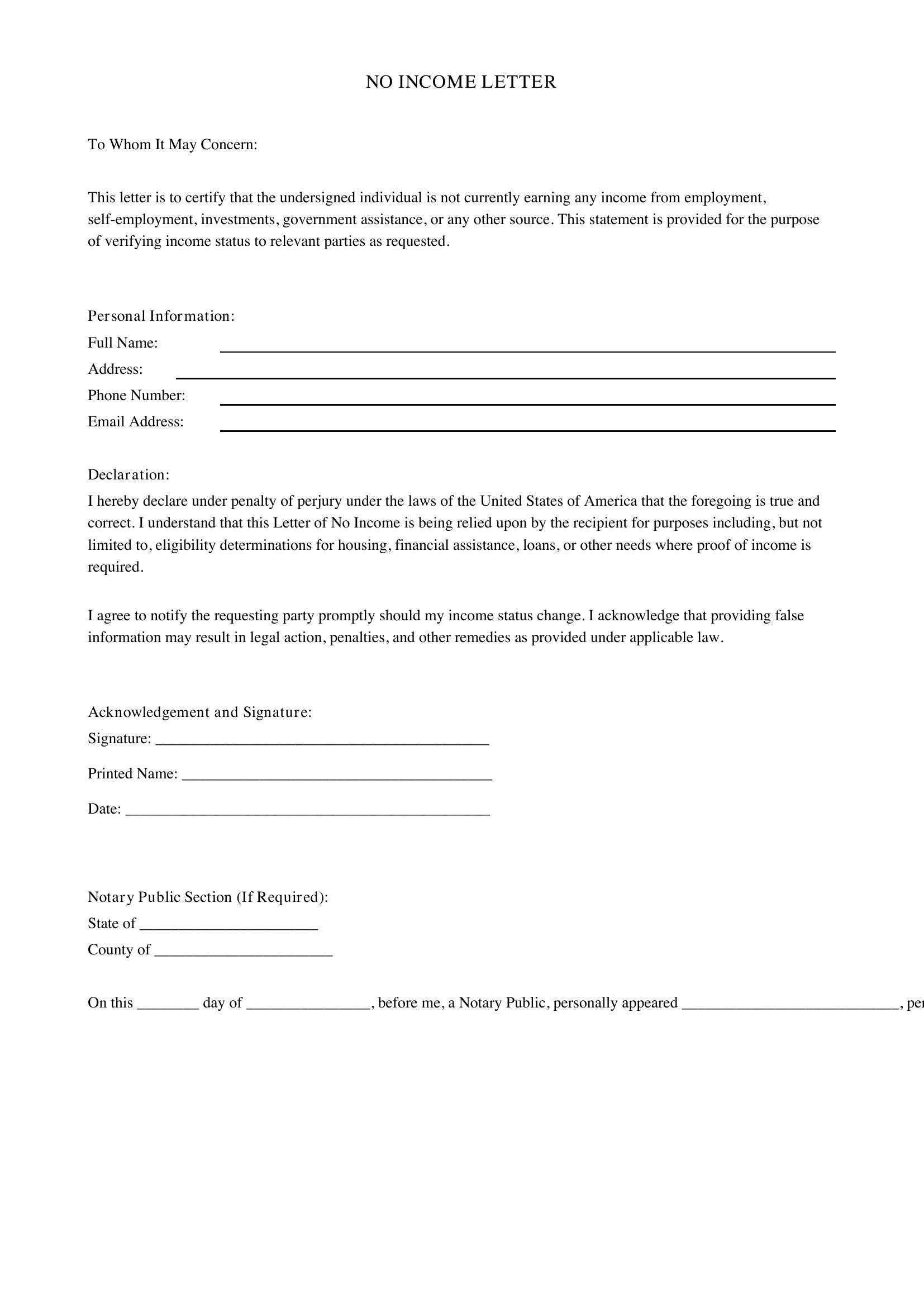 No Income Letter Template - US