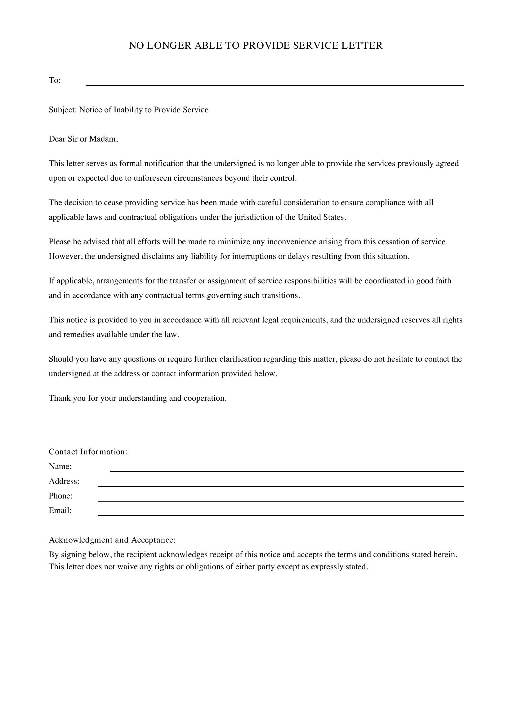 No Longer Able To Provide Service Letter Template - US