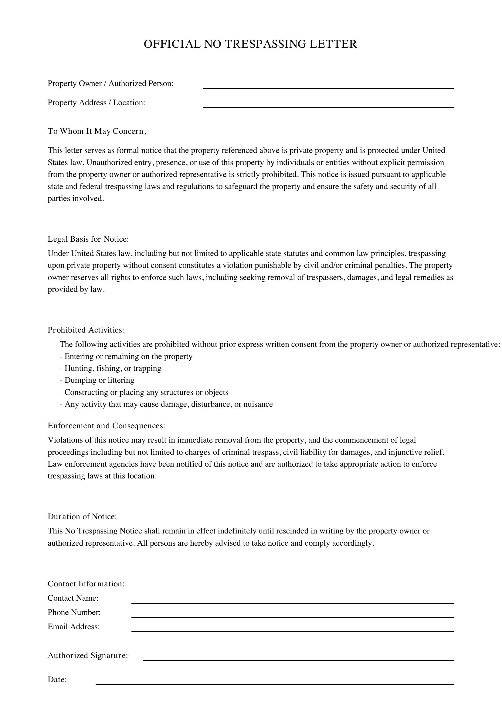 No Trespassing Letter Template - US
