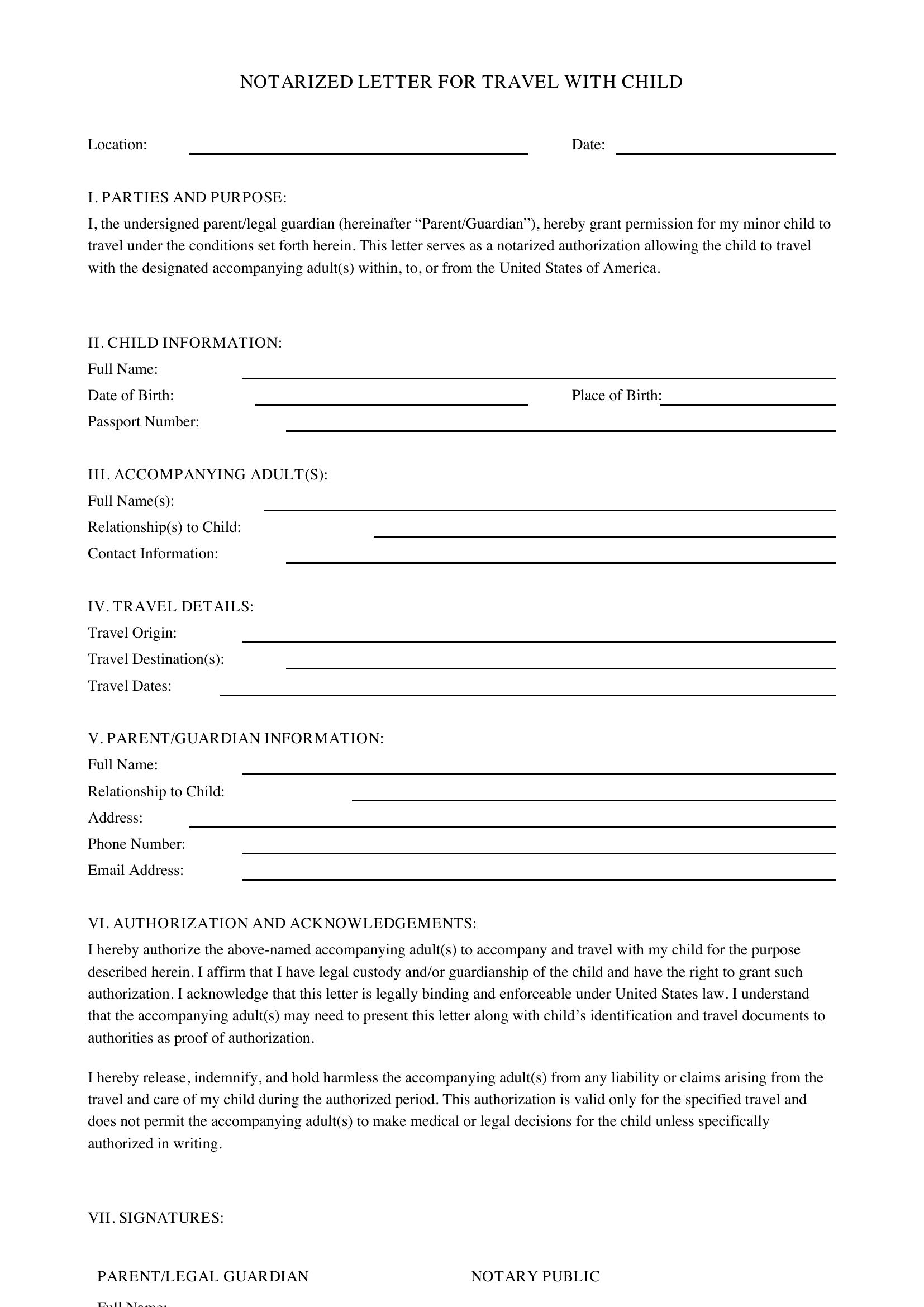 Notarized Letter For Travel With Child Template - US