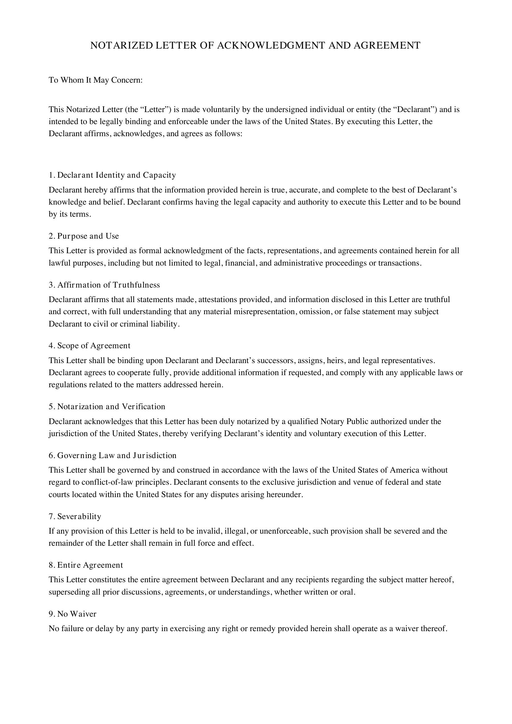 Notarized Letter Template - US