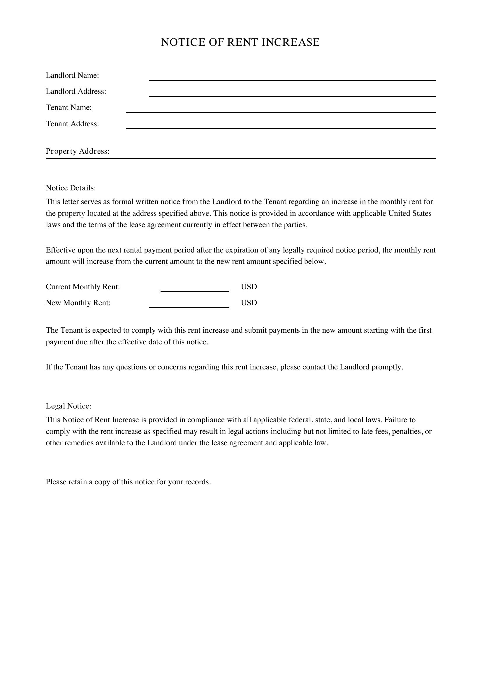 Notice Of Rent Increase Letter Template - US