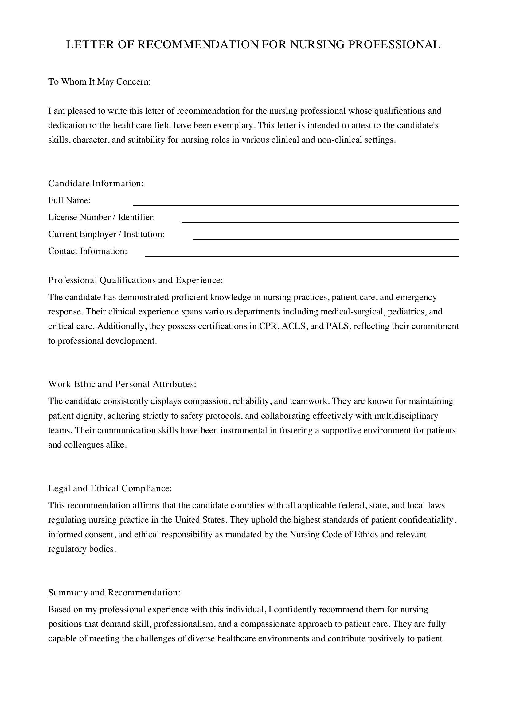 Nursing Letter Of Recommendation Template - US
