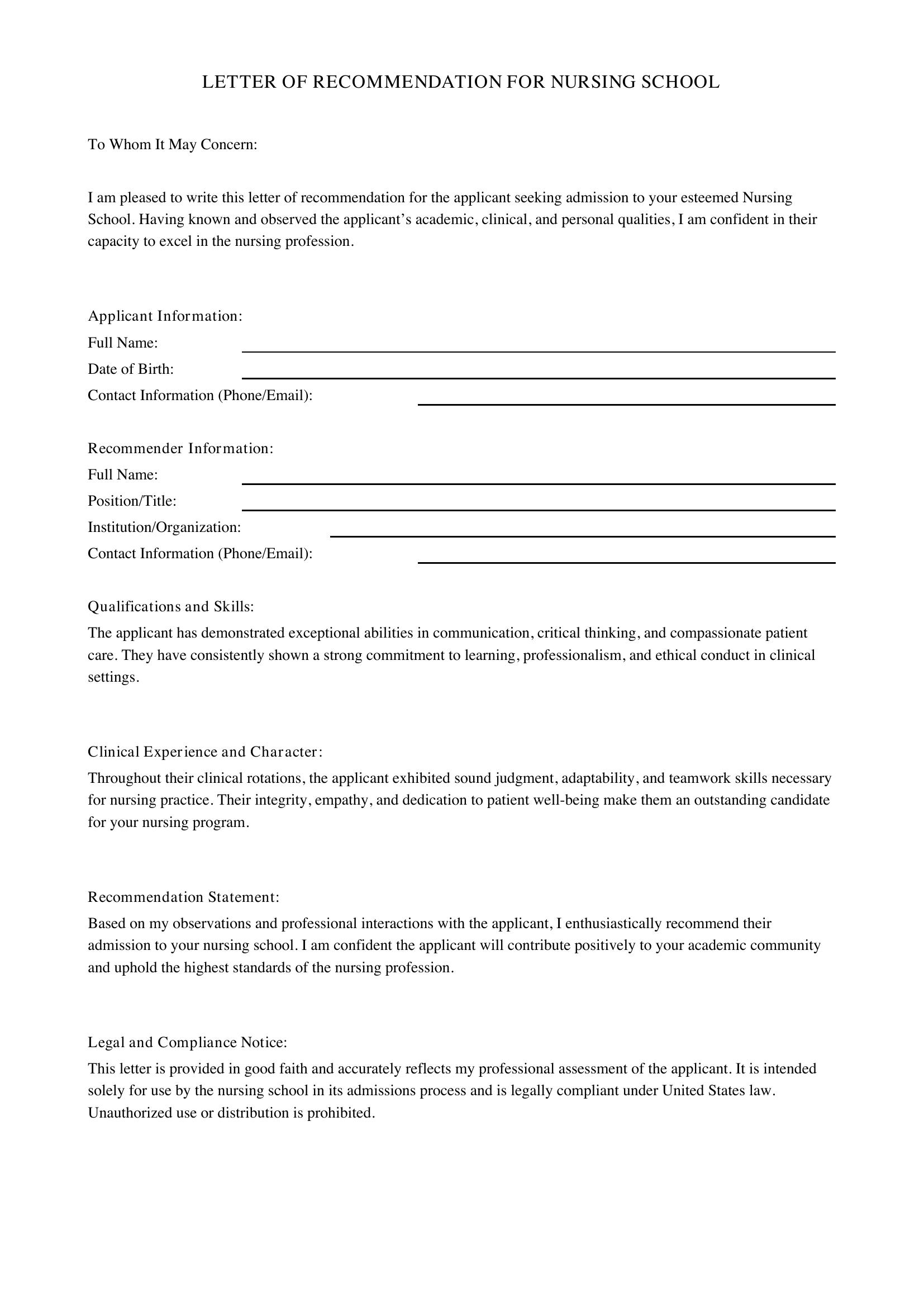 Nursing School Letter Of Recommendation Template - US