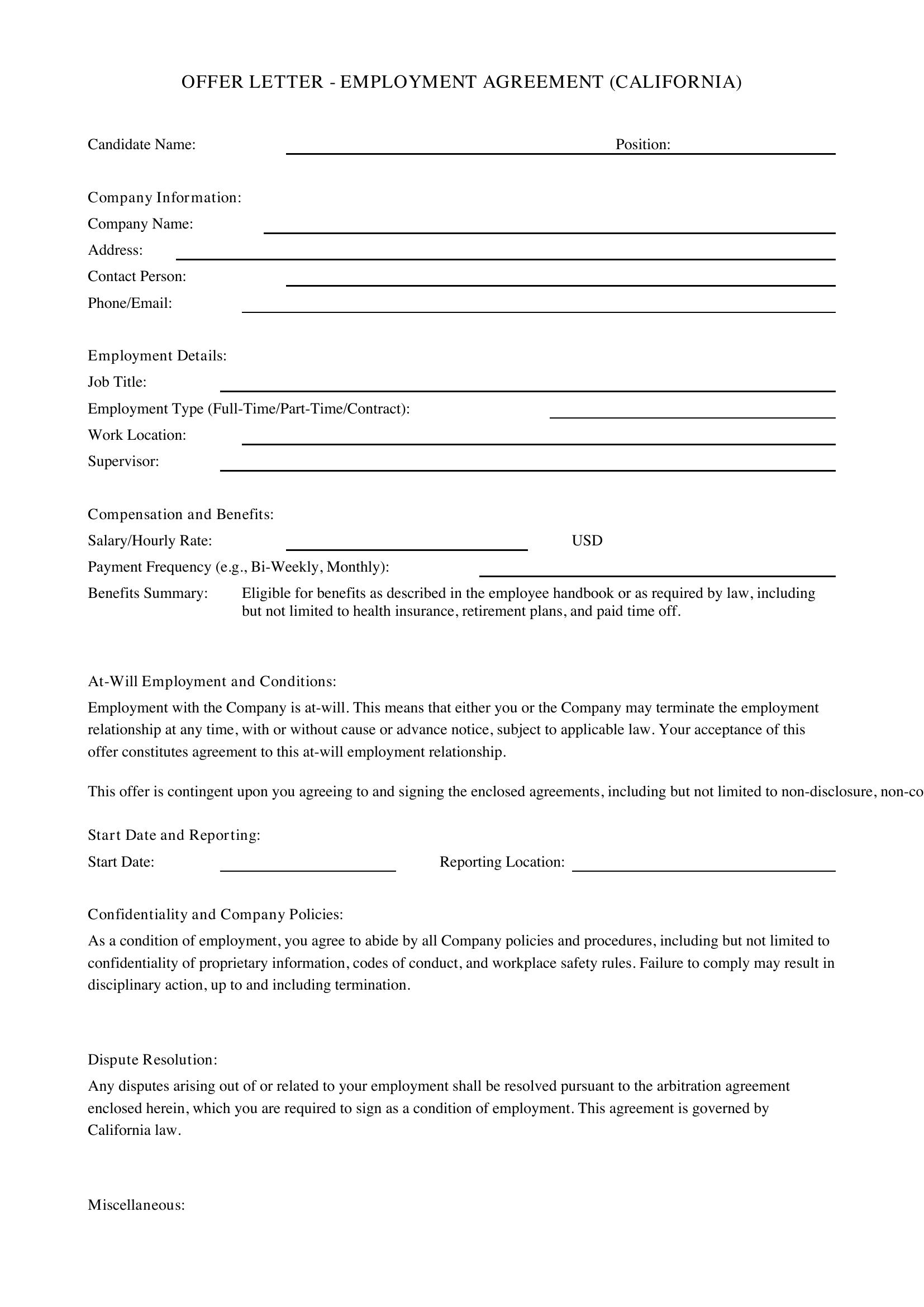 Offer Letter California Template - US