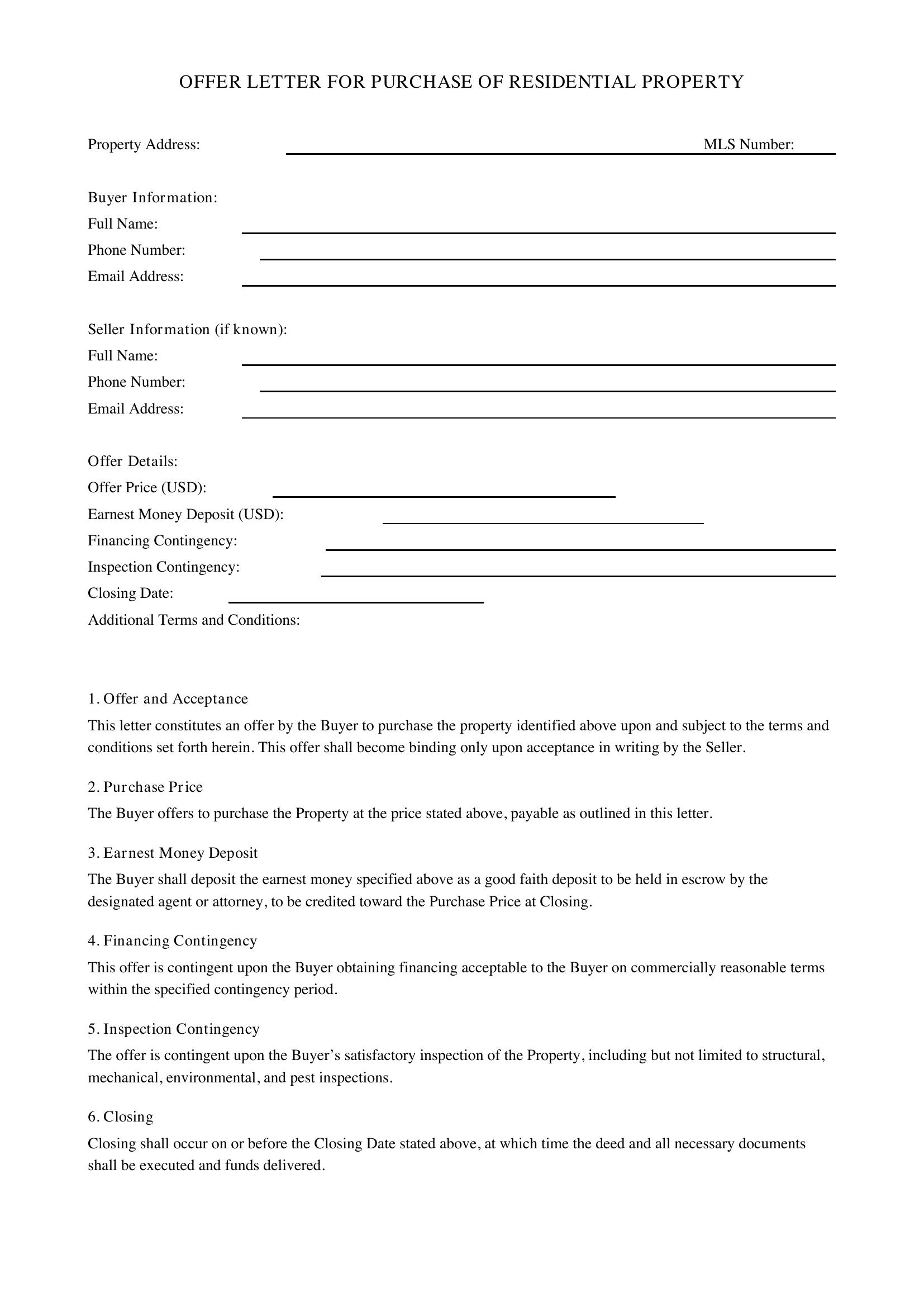 Offer Letter For House Template - US