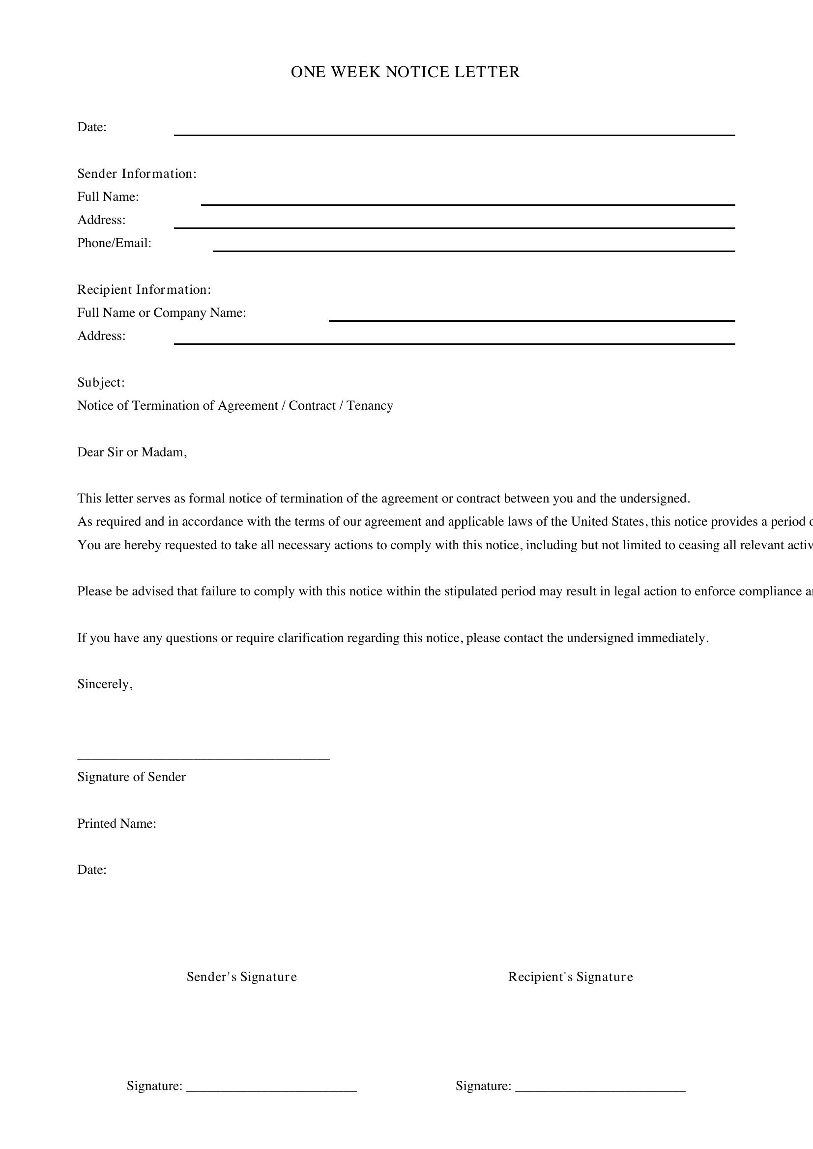 One Week Notice Letter Template - US
