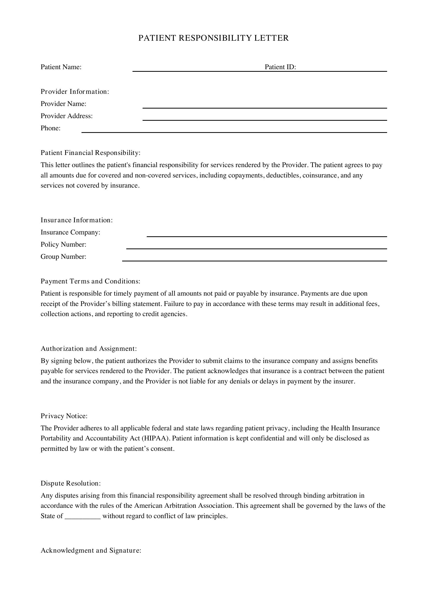 Patient Responsibility Letter Template - US