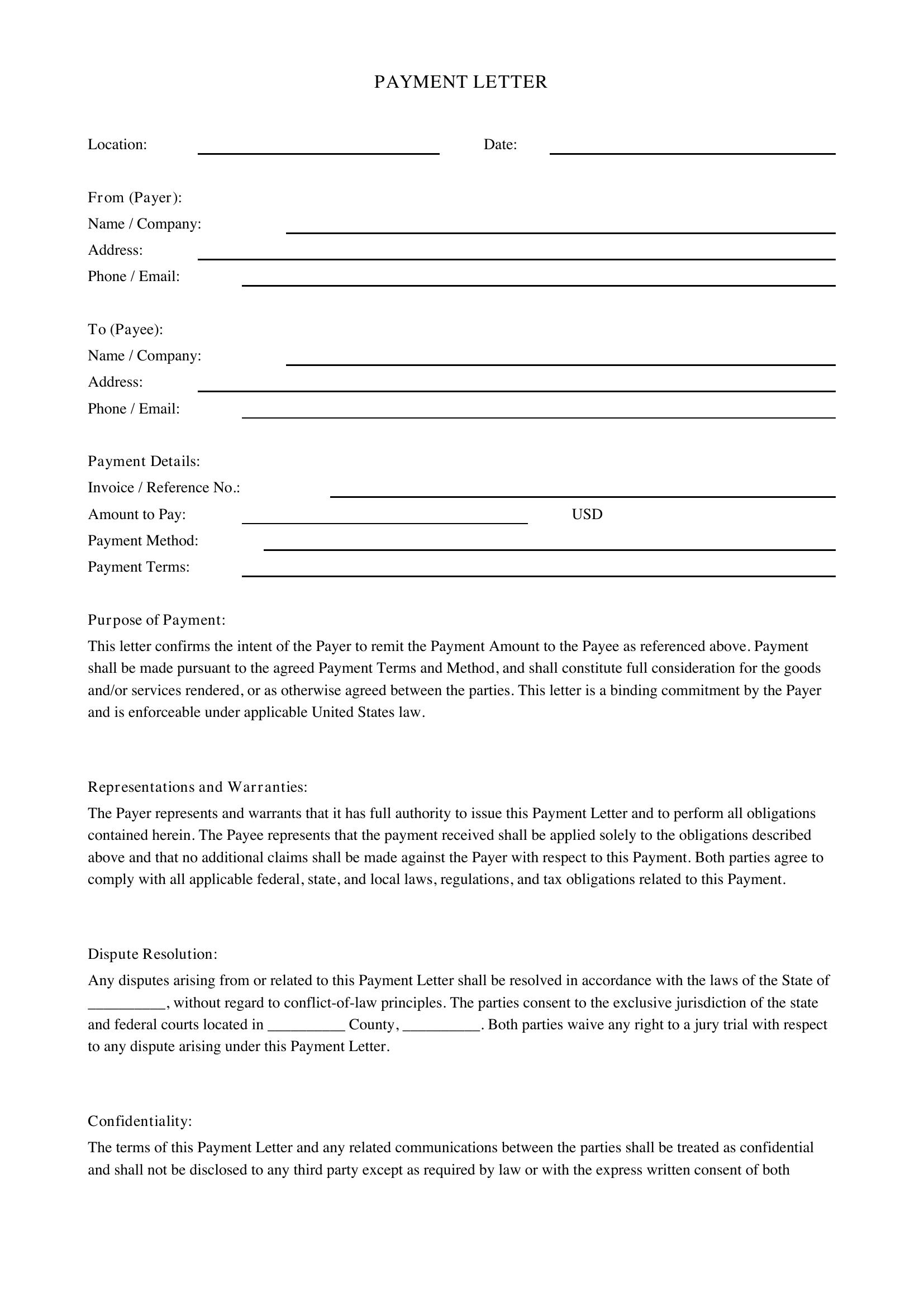 Payment Letter Template - US