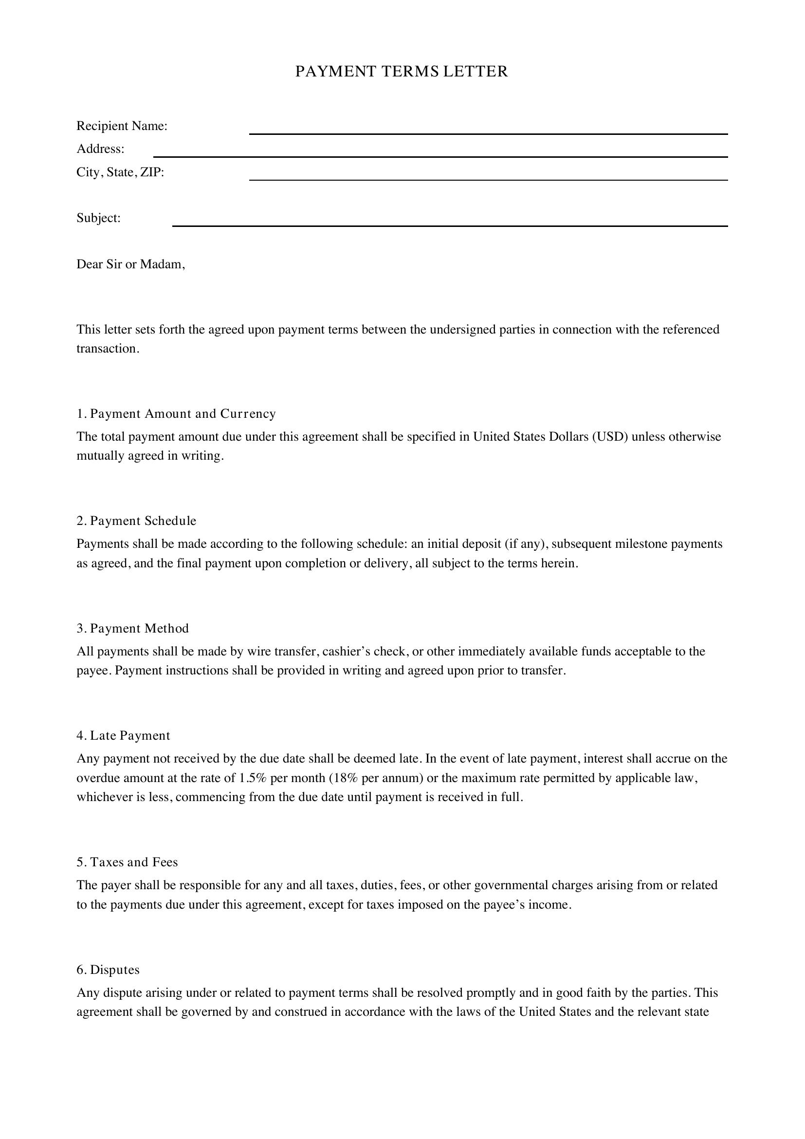 Payment Terms Letter Template - US