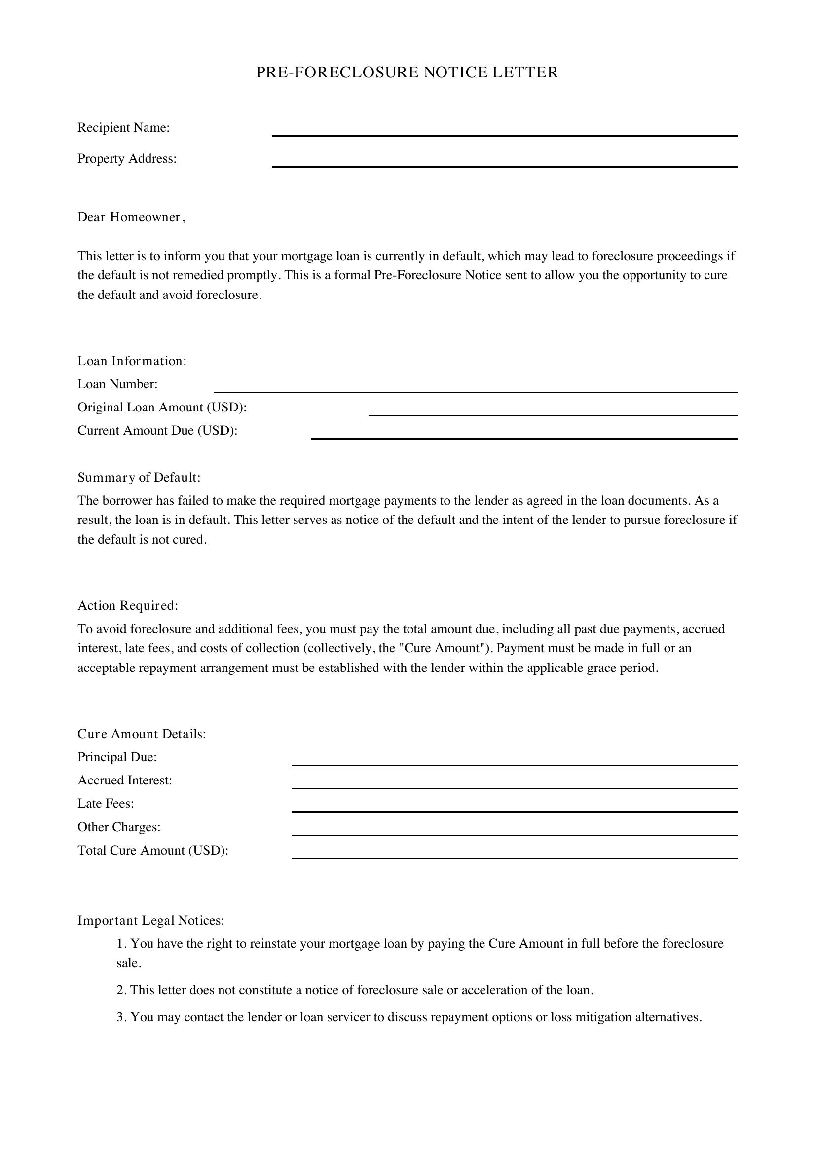 Pre Foreclosure Letter Template - US