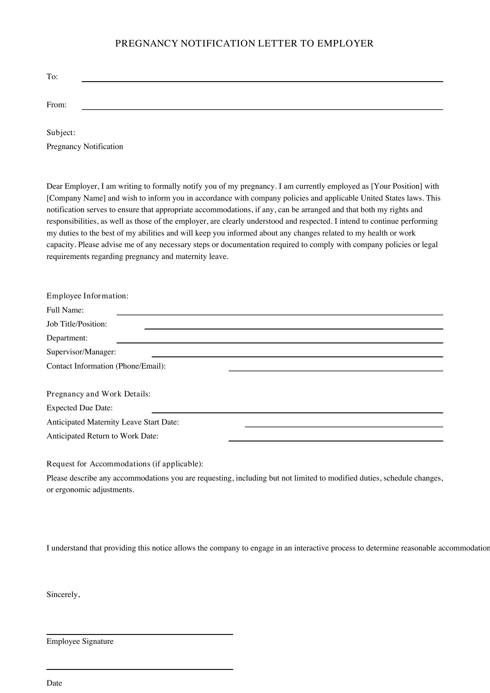 Pregnancy Notification Letter To Employer Template - US
