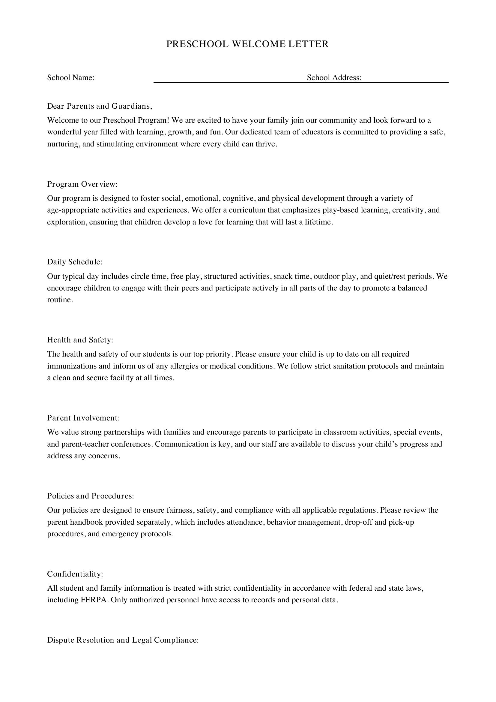 Preschool Welcome Letter Template - US
