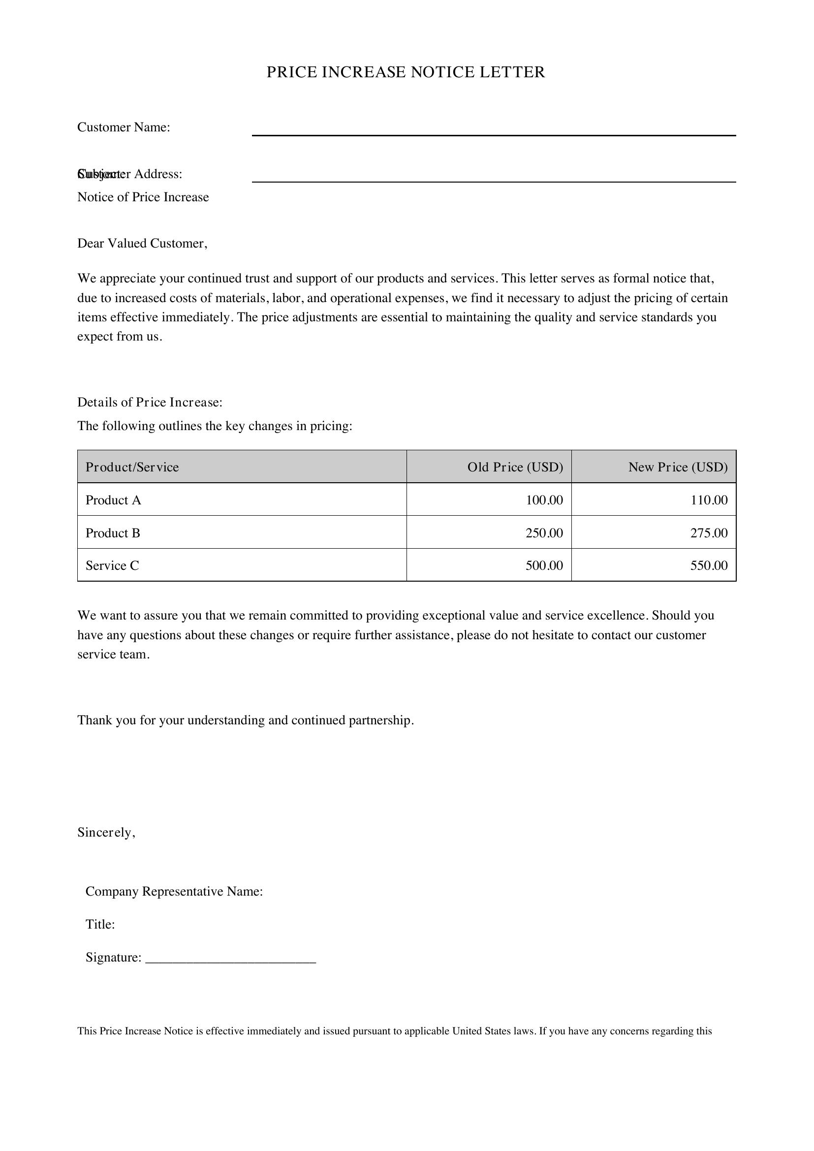 Price Increase Letter Template - US