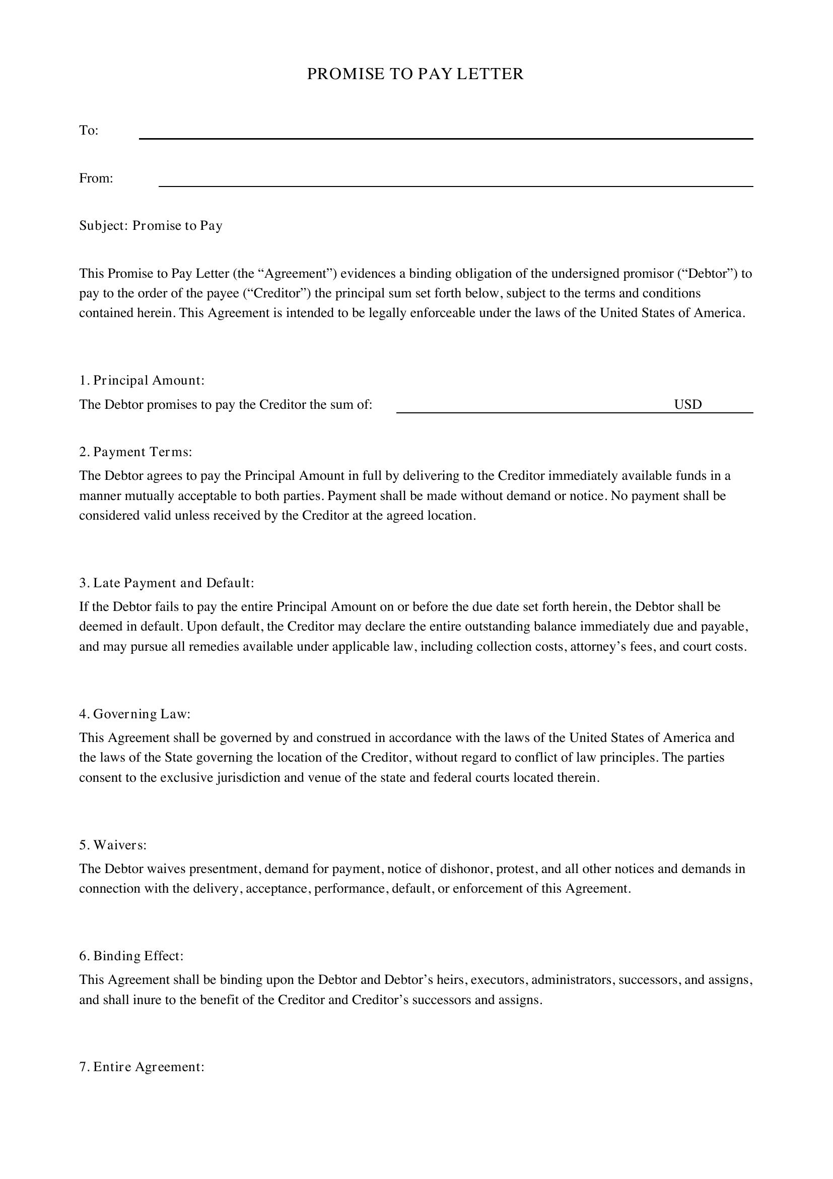 Promise To Pay Letter Template - US