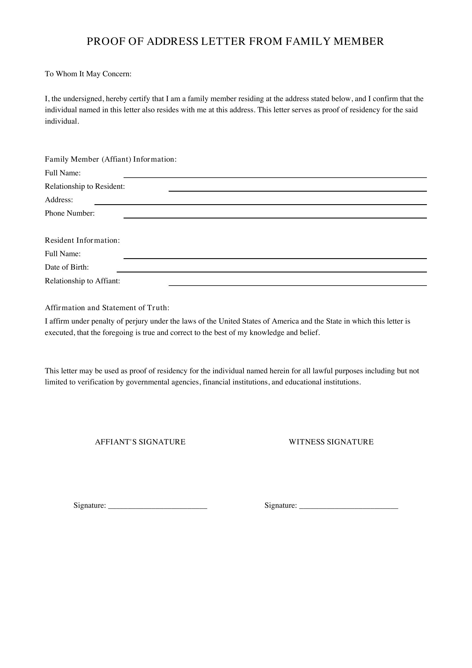 Proof Address Proof Of Residency Letter From Family Member Template - US