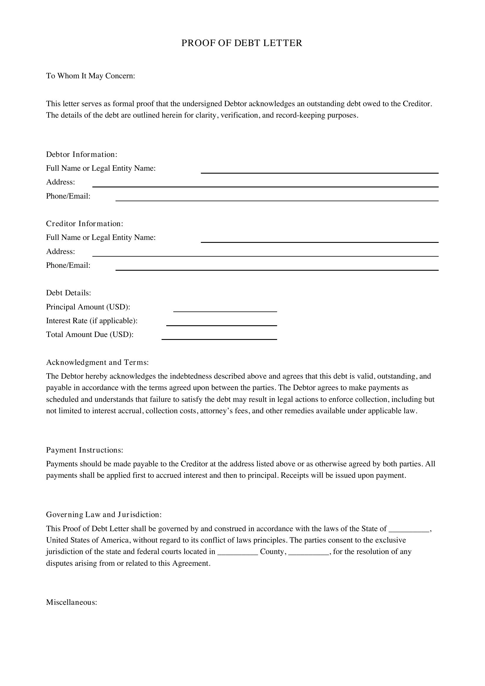 Proof Of Debt Letter Template - US