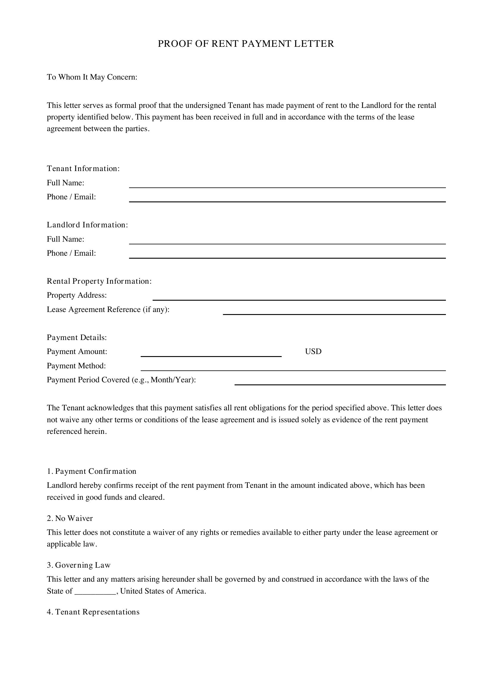 Proof Of Rent Payment Letter Template - US