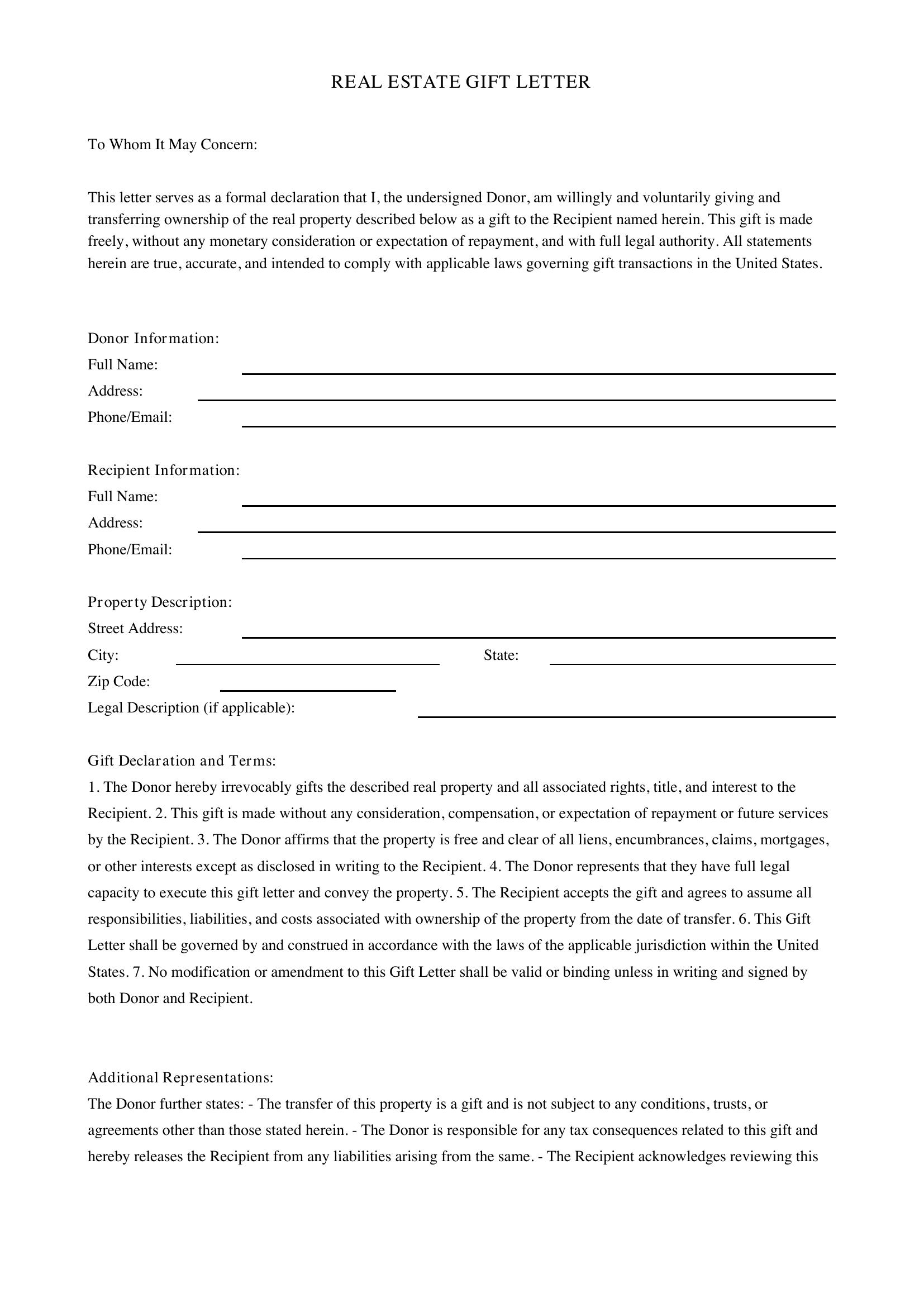Real Estate Gift Letter Template - US