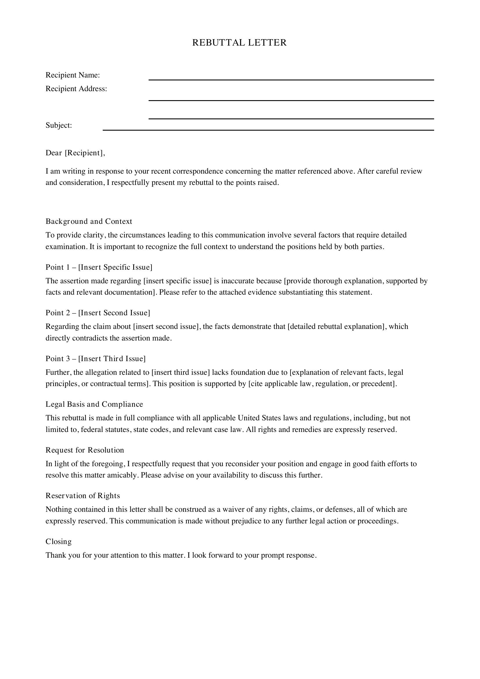 Rebuttal Letter Template - US
