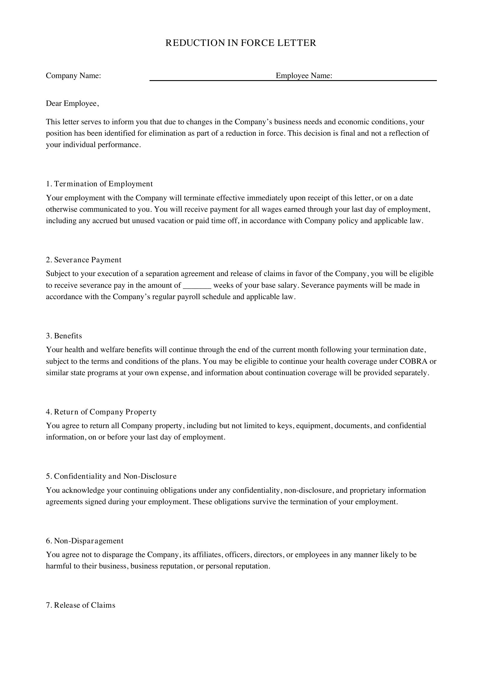 Reduction In Force Letter Template - US