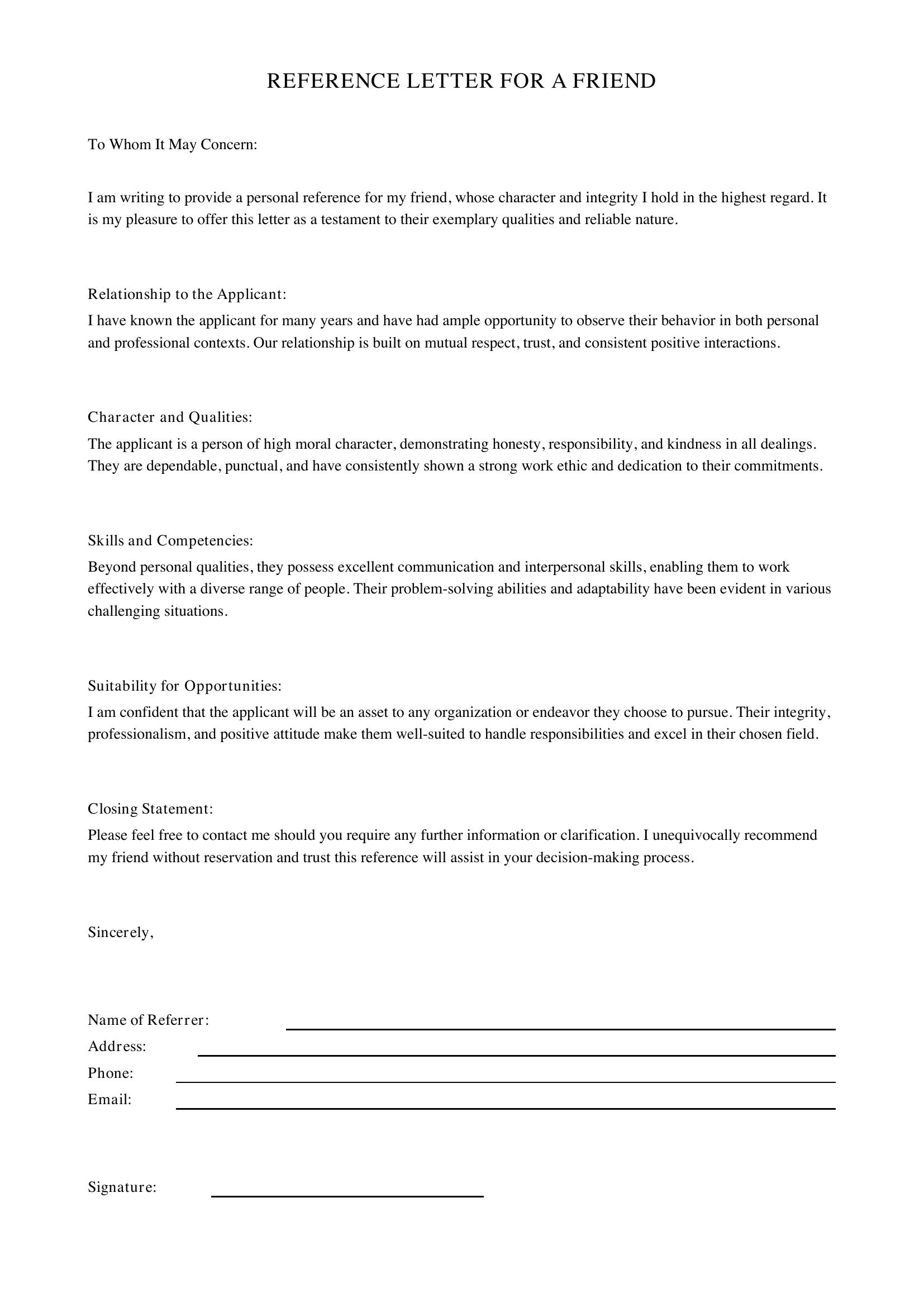 Reference Letter For A Friend Template - US