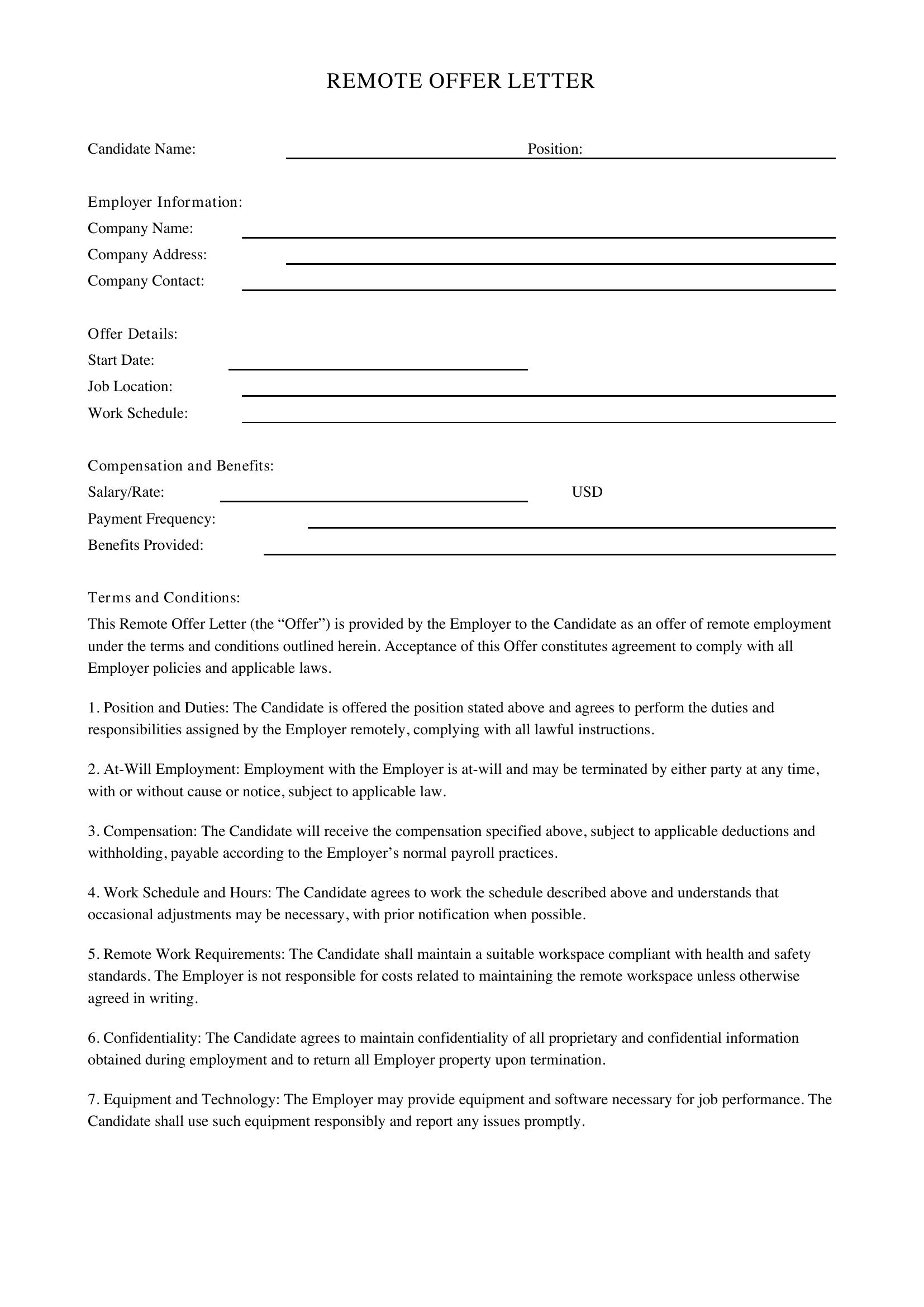Remote Offer Letter Template - US