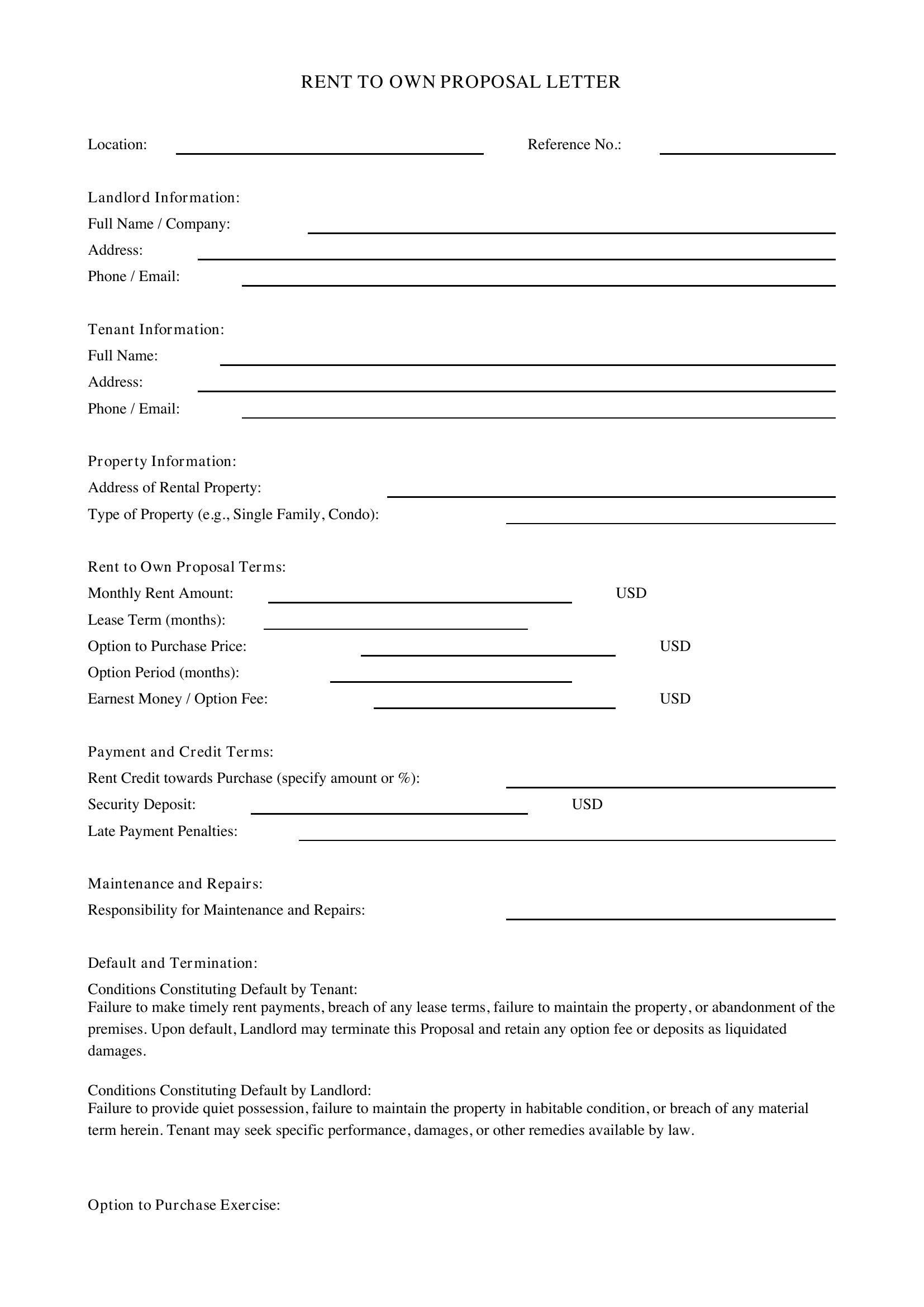 Rent To Own Proposal Letter Template - US