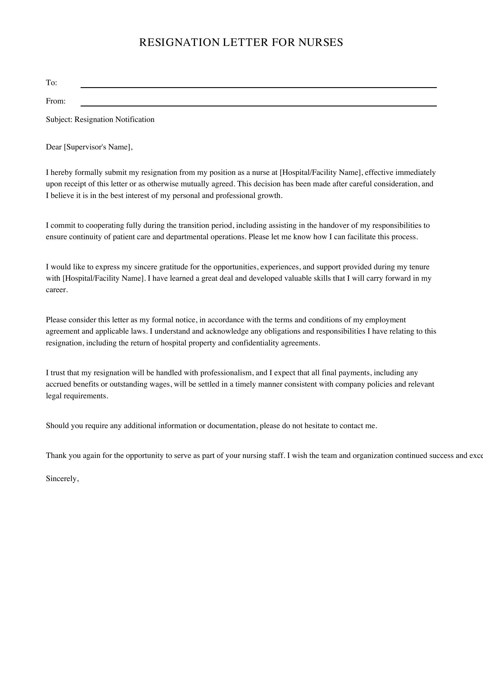 Resignation Letter For Nurses Template - US