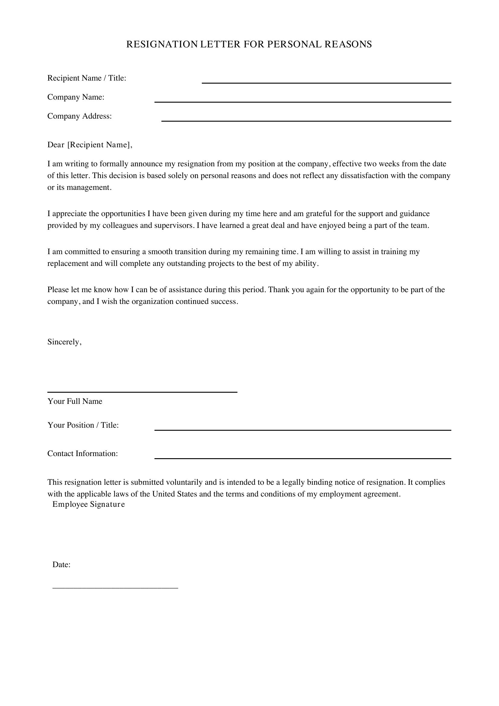 Resignation Letter Personal Reasons Template - US