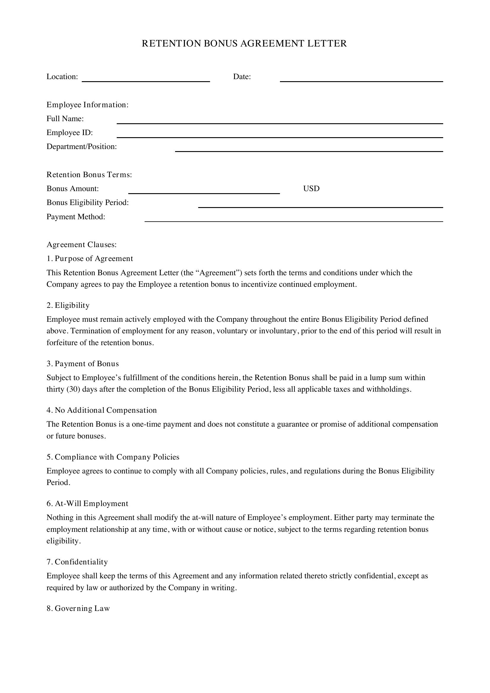 Retention Bonus Letter Template - US