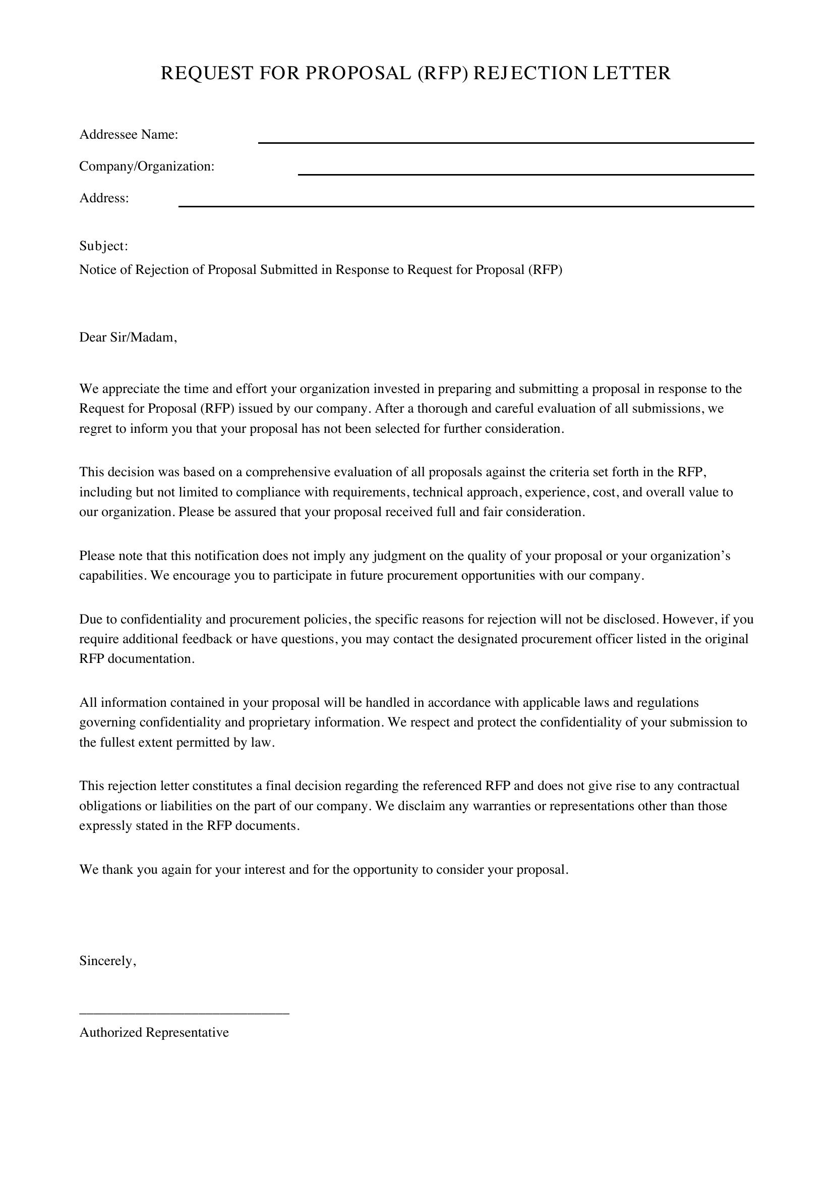 Rfp Rejection Letter Template - US