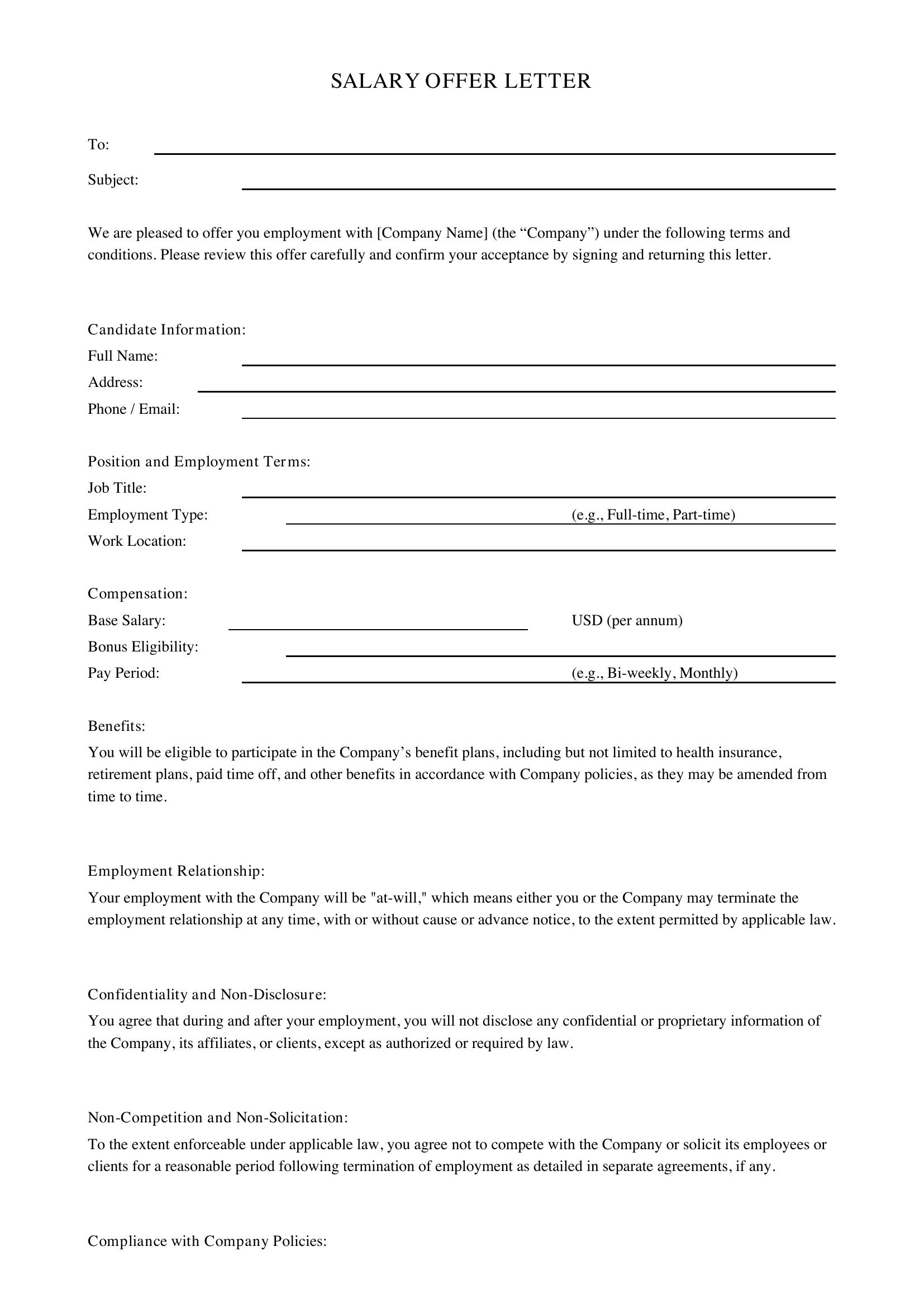 Salary Offer Letter Template - US