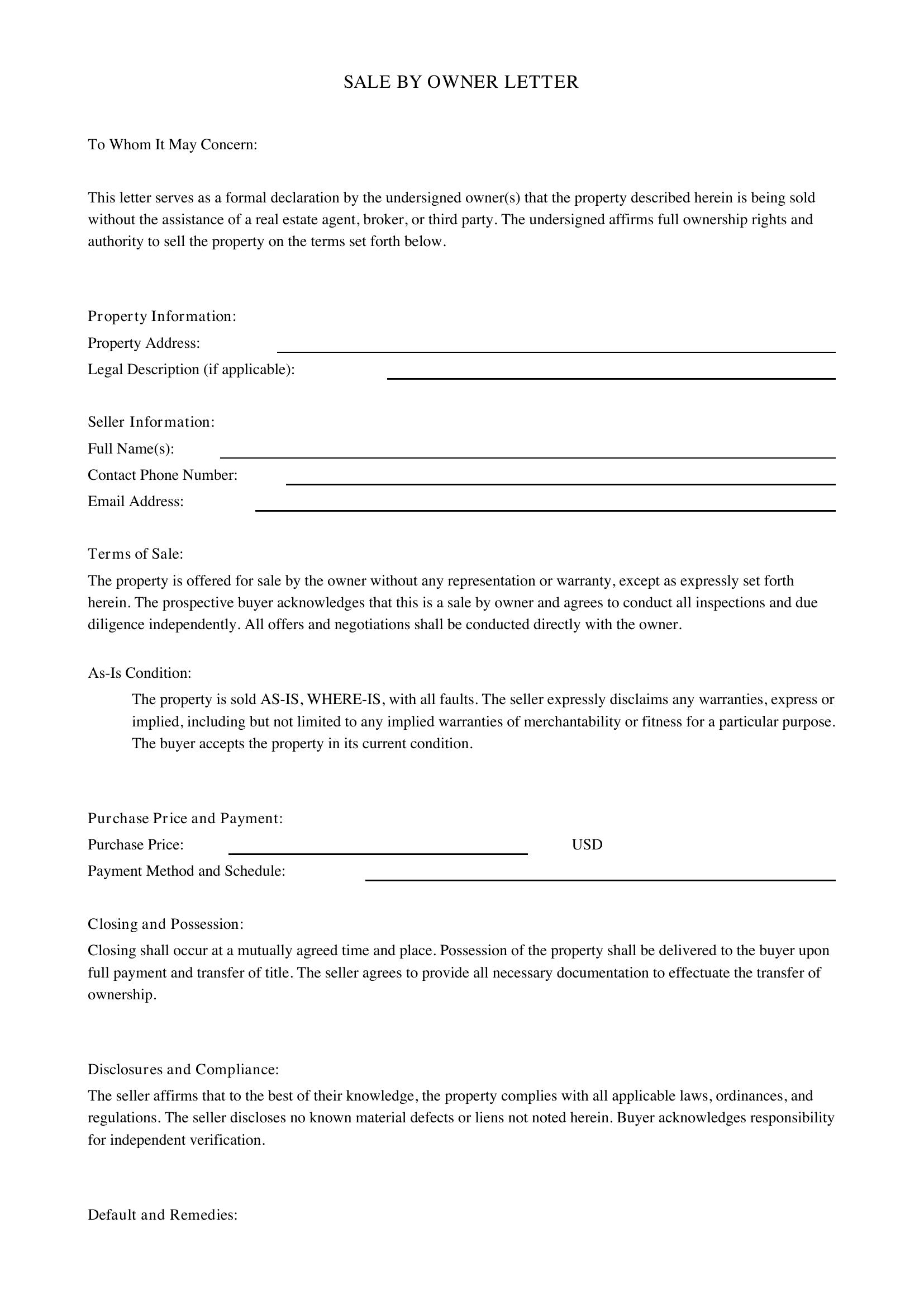Sale By Owner Letter Template - US