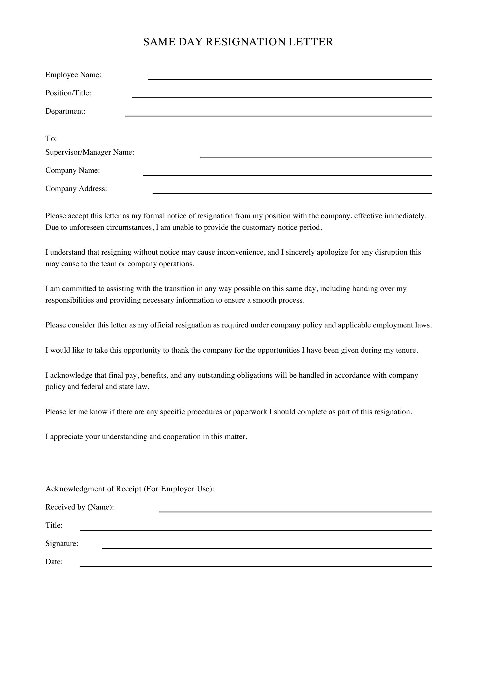 Same Day Resignation Letter Template - US
