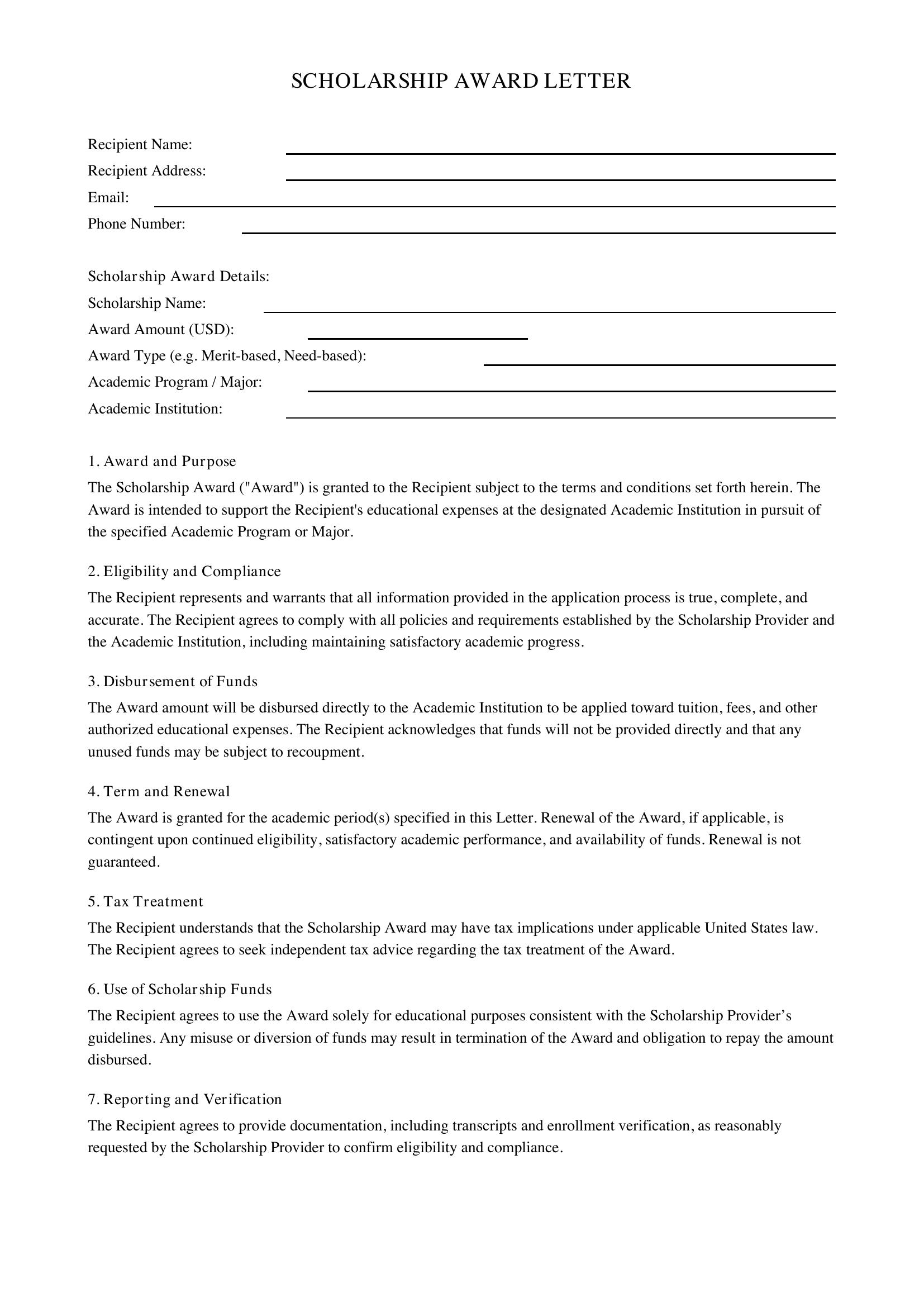 Scholarship Award Letter Template - US