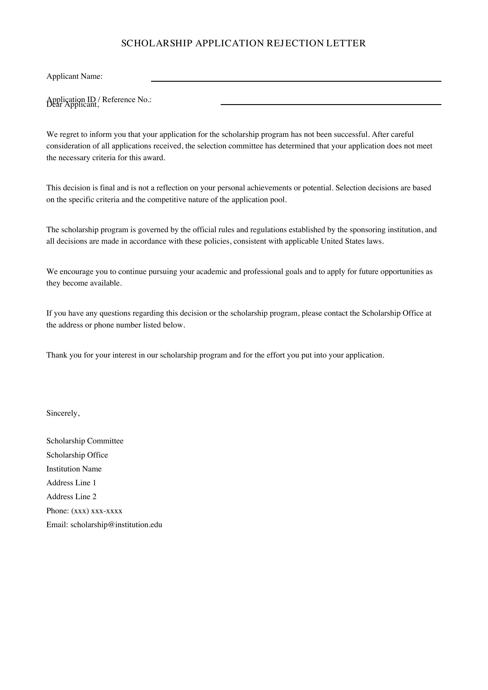 Scholarship Rejection Letter Template - US