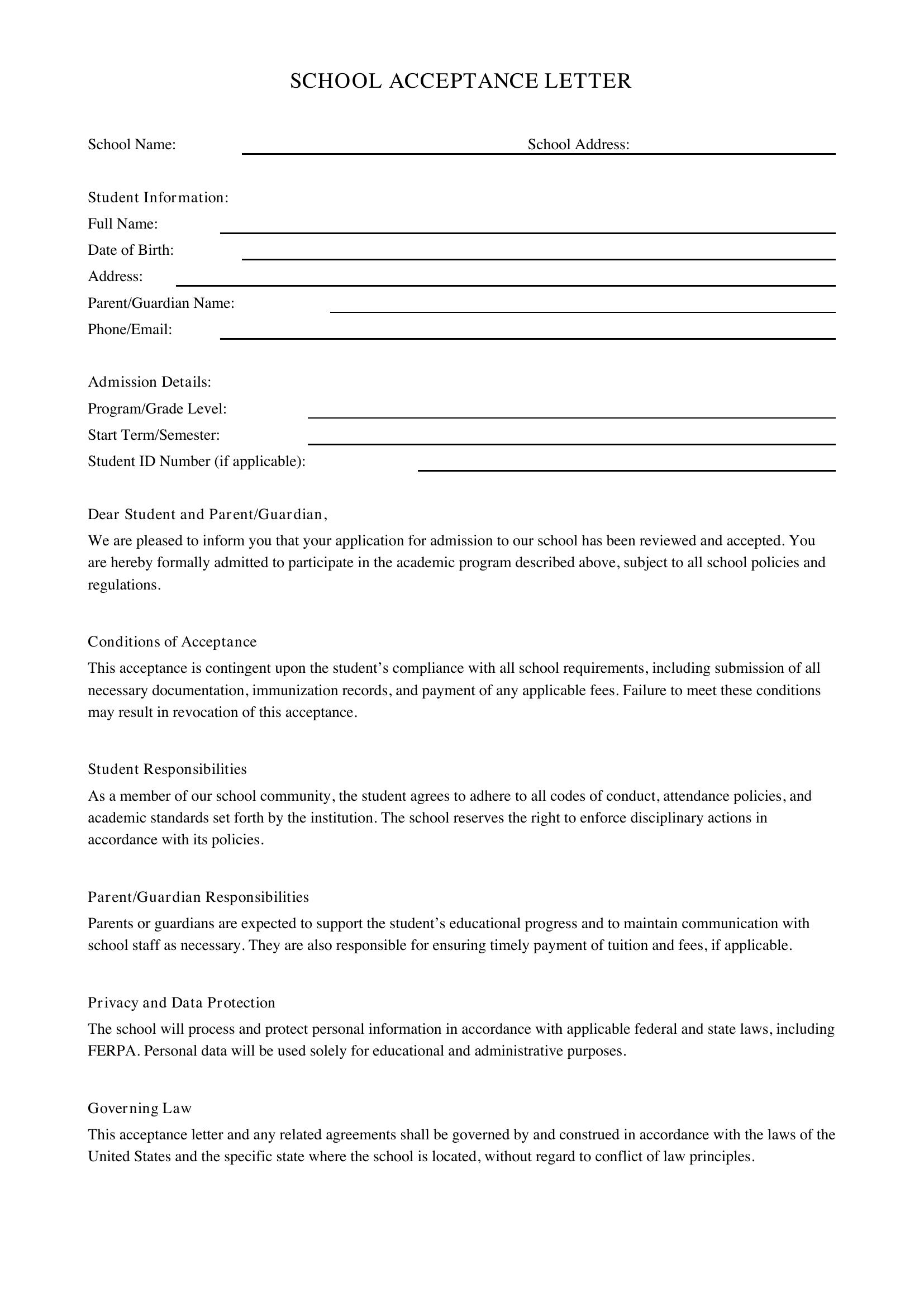 School Acceptance Letter Template - US
