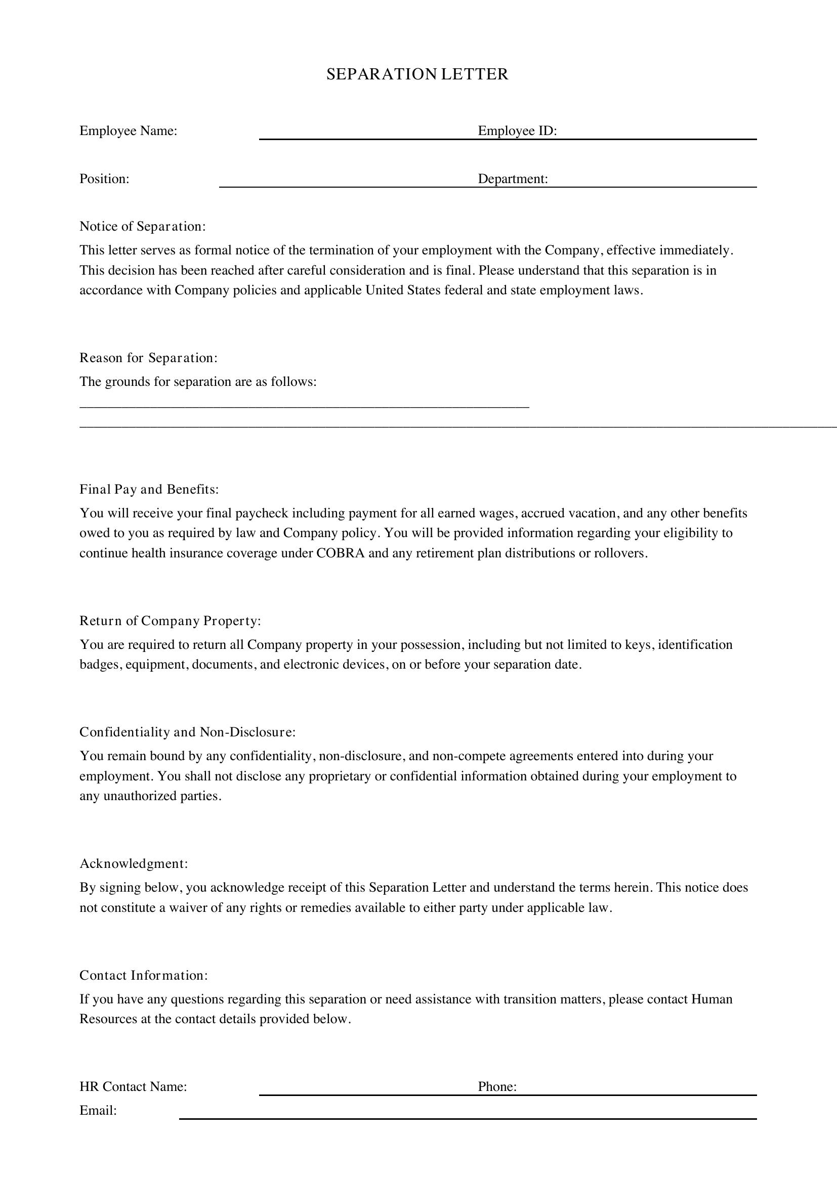 Separation Letter To Employee Template - US