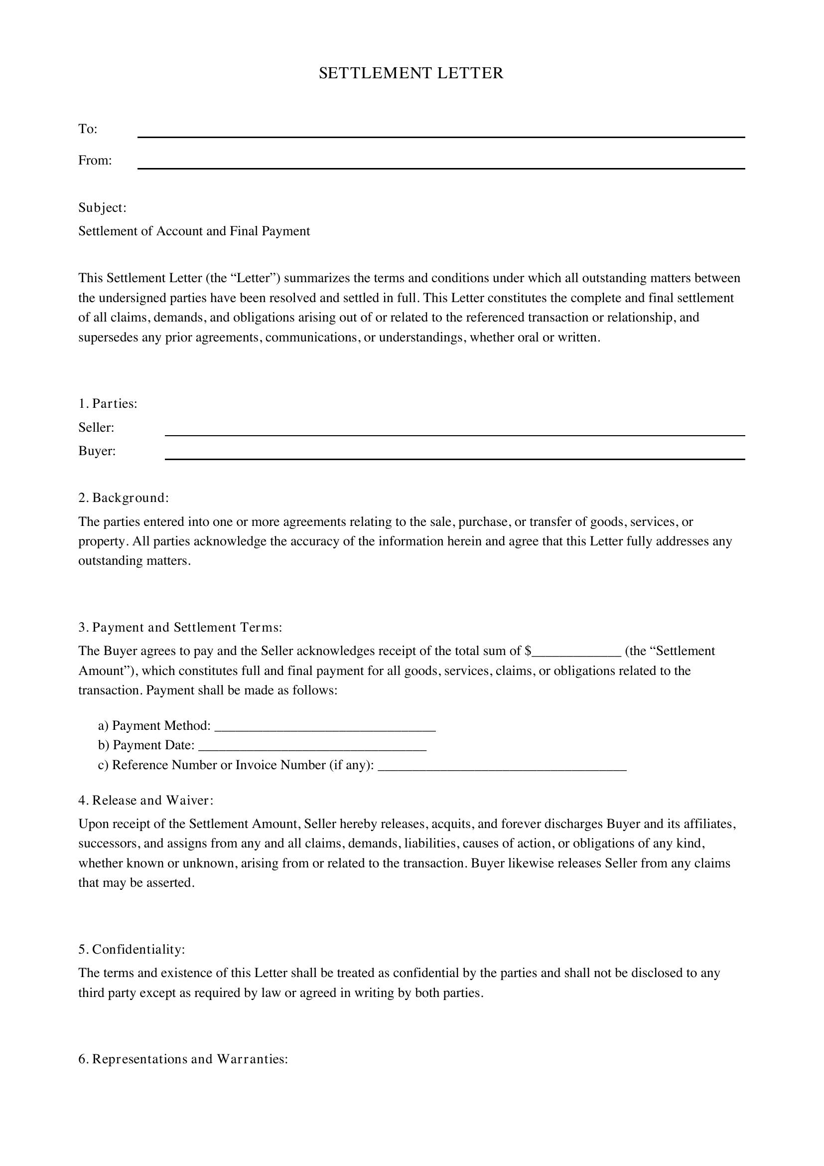 Settlement Letter Template - US