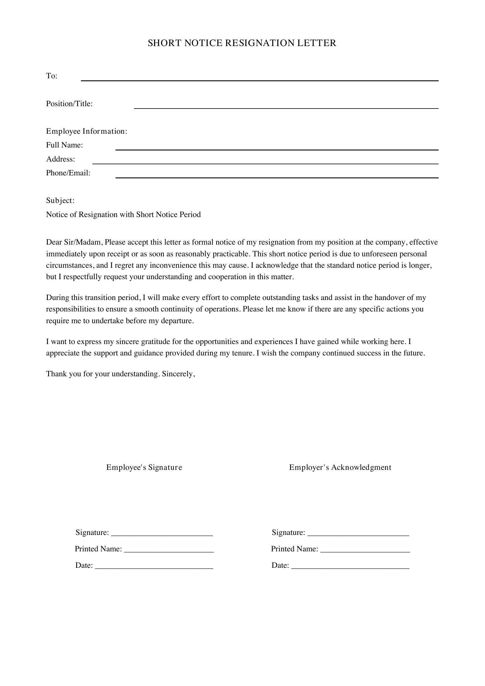 Short Notice Resignation Letter Template - US
