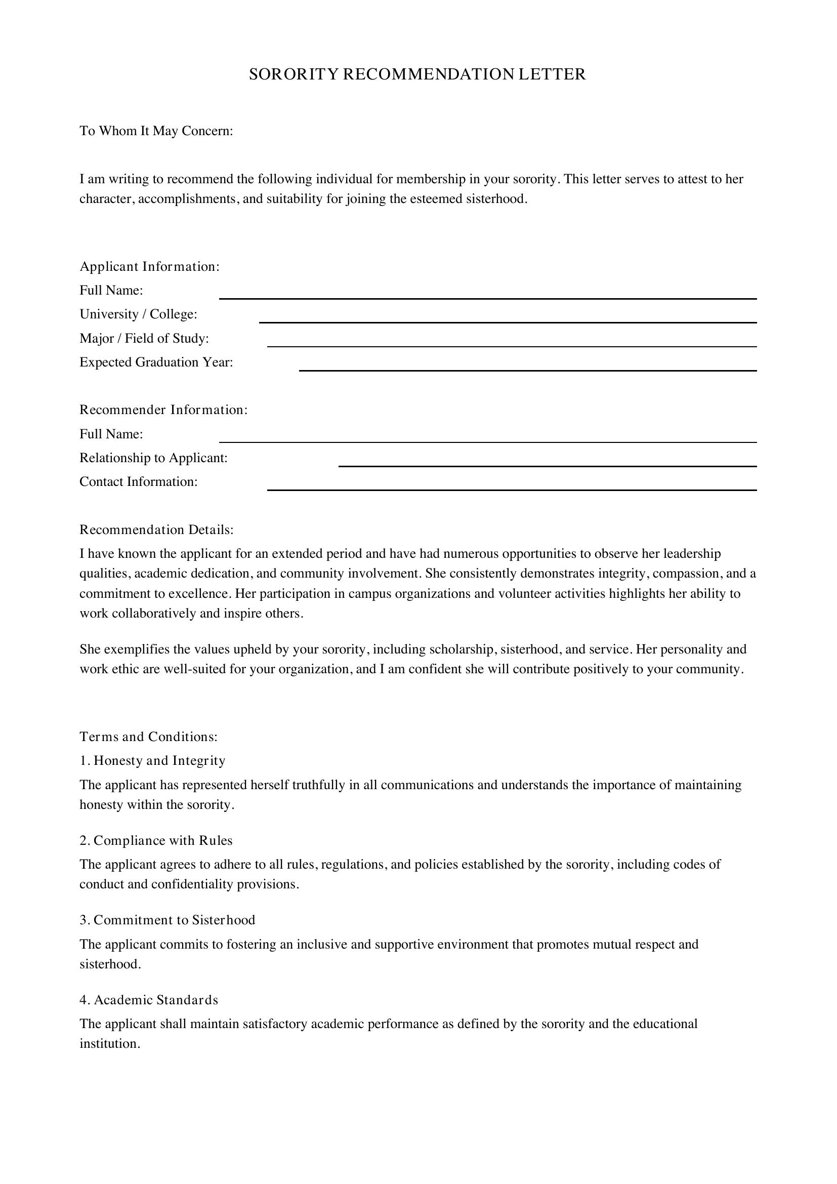 Sorority Recommendation Letter Template - US