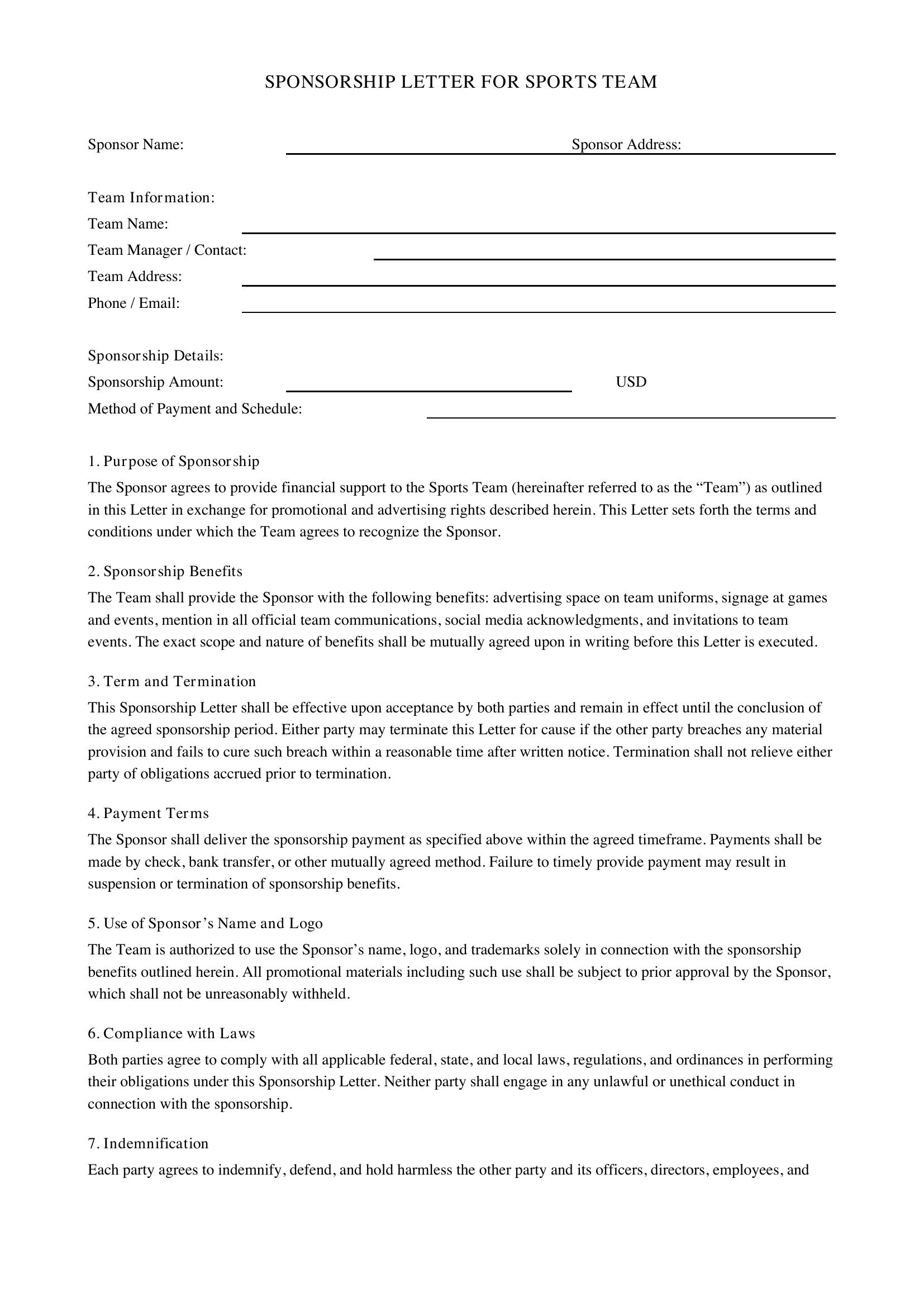 Sponsorship Letter For Sports Team Template - US